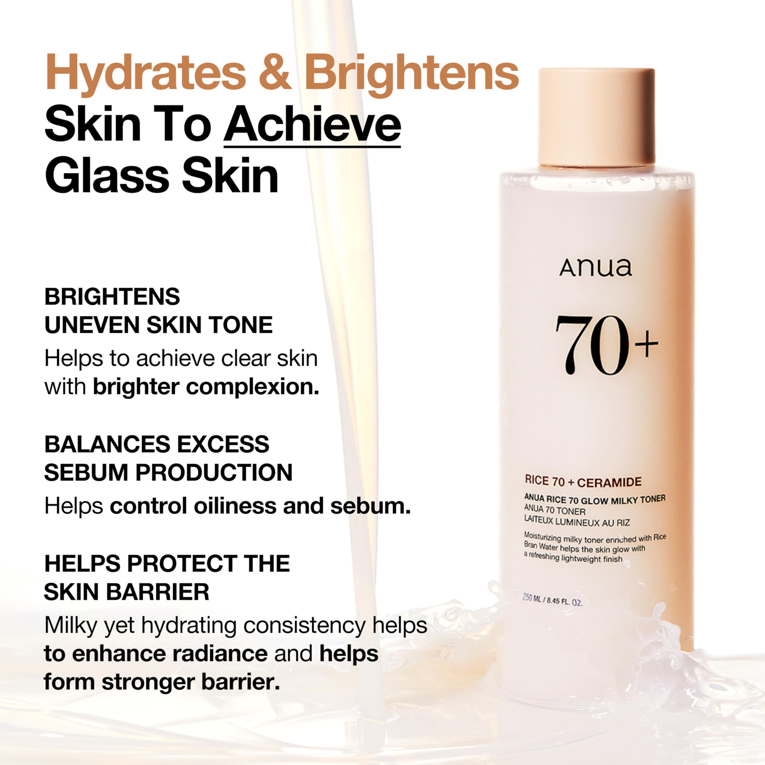 ANUA Rice 70 Glow Milky Toner, for Glass Skin, Rice Water, Niacinamide, Ceramides, Panthenol, Non comedogenic, Fungal Acne Safe, Korean Skin Care, 250ml/8.45fl.oz.
