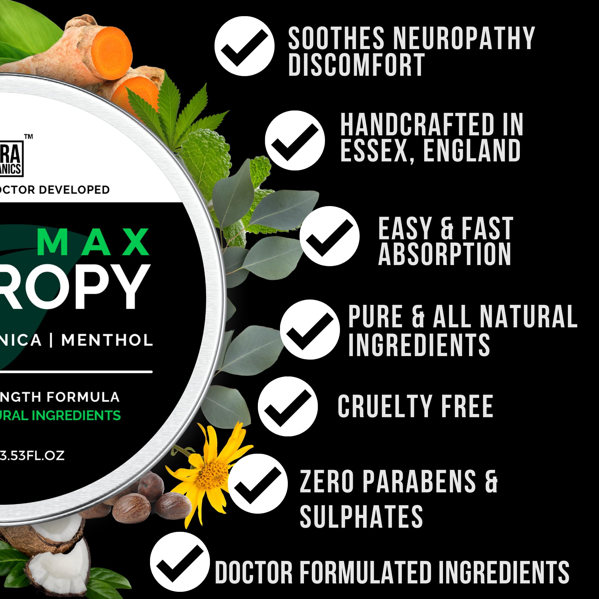 Neuropathy Cream – Max Strength Balm with Turmeric, Arnica & Menthol – Soothing & Hydrating Care for Feet, Hands, Legs & Toes – Fast-Absorbing, Non-Greasy Formula (100g) by Sera Organics