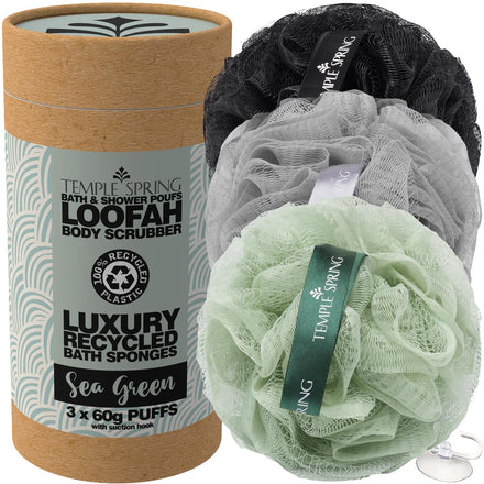 Temple Spring Loofah Shower Sponge, Recycled Body Scrubber Scrunchies, Exfoliating Bath Sponge, Shower Puff Bath Sponges for Adults, Loofah Back Scrubber Pouffe, Loofa Body Scrub Exfoliator -Sea Green