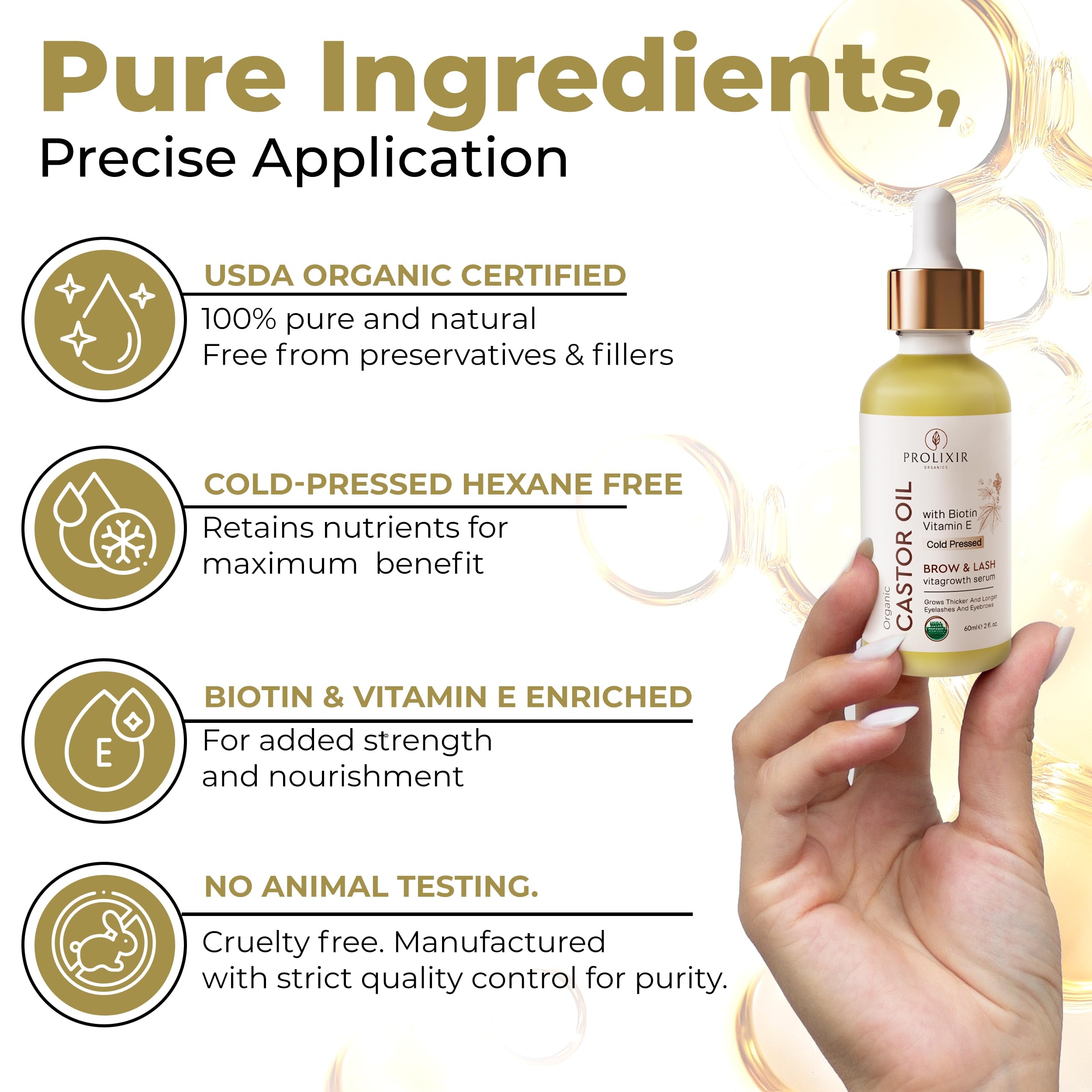 PROLIXIR Organic Castor Oil 60mls with Biotin & Vitamin E - Growth Serum for Eyebrows, Eyelashes, Hair, Nails & Skin - Cold Pressed, 100% Pure, Vegan, Cruelty Free - Mascara kit with Pipette and Wands
