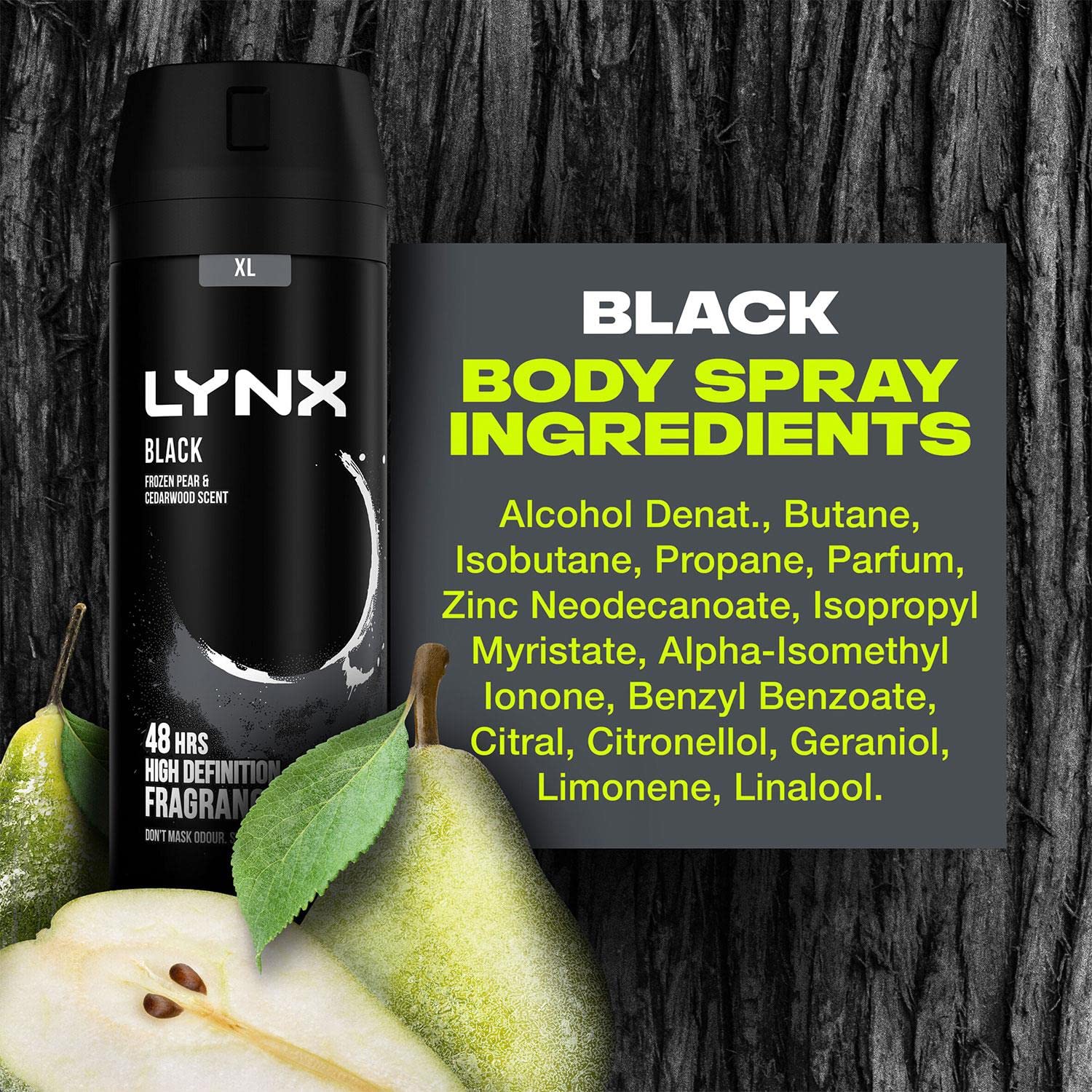 Lynx Pack of 6 XL Black 48 Hours High-Definition Fresh Frozen Pear & Cedarwood Scent Body Spray Deodorant with dual-action odor-busting zinc technology, 200ml