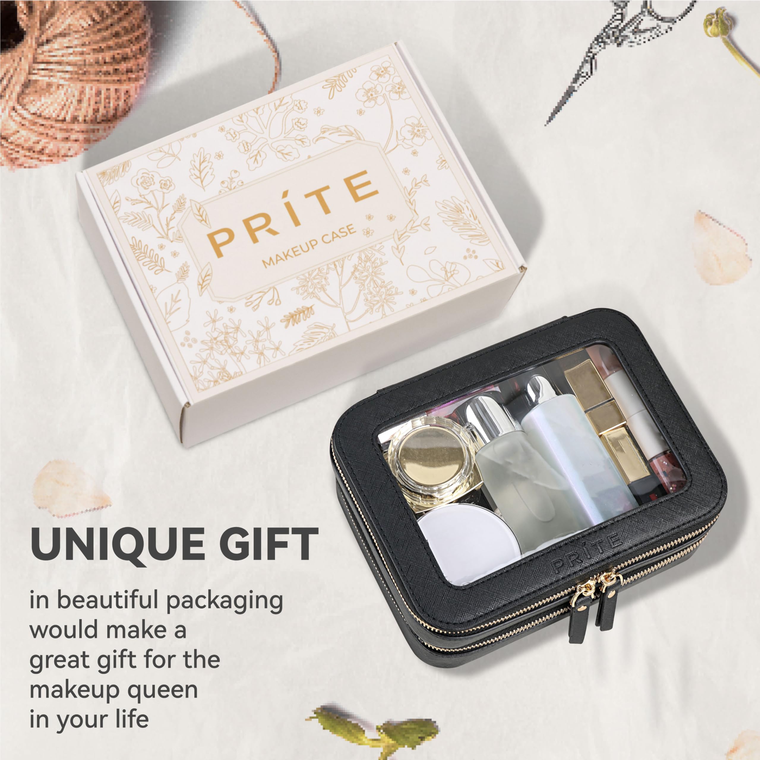 Prite Large Clear Makeup Bag with Gift Box Double Sided Cosmetic Case Two Layer Travel Toiletry Bag with Zippers and Compartment (Black)
