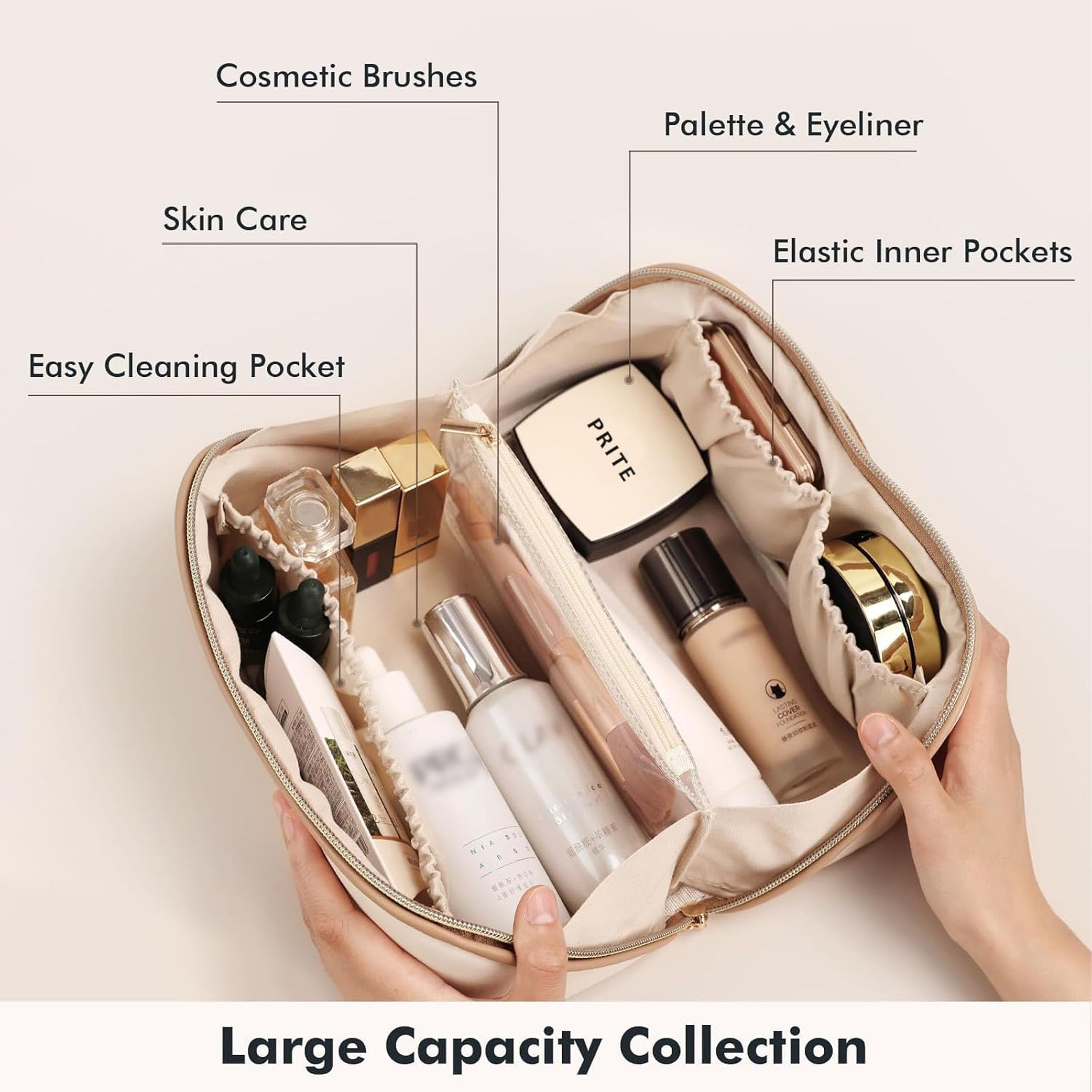 Prite Large Capacity Makeup Bag Portable Travel Cosmetic Bag Waterproof Toiletry Case with Clear Divider and Handle (Beige)