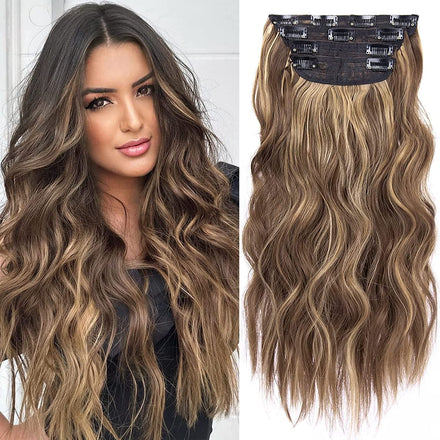 20 Inches Brown Hair Extensions Clip in, Long Wavy Synthetic Clip in Hair Extension, Natural Thick Hairpieces for Women (Medium Brown with Honey Blonde Highlights, 4Pcs)