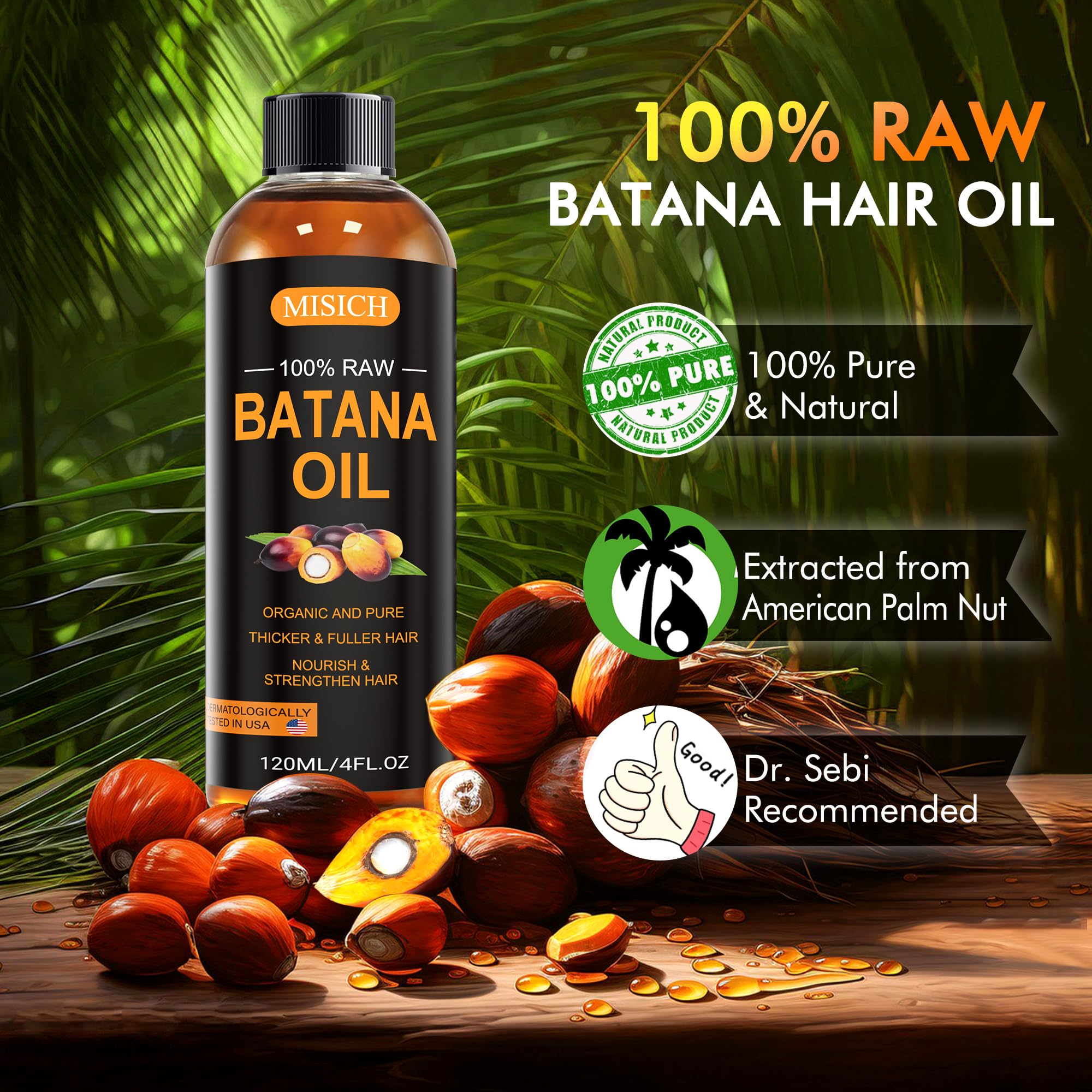 MISICH Raw Batana Oil for Hair Growth, 100% Natural Organic Botana Oil for Men & Women, Dr Sebi Approved, Pure, Unrefined, Enhances Thickness, Prevent Hair Loss