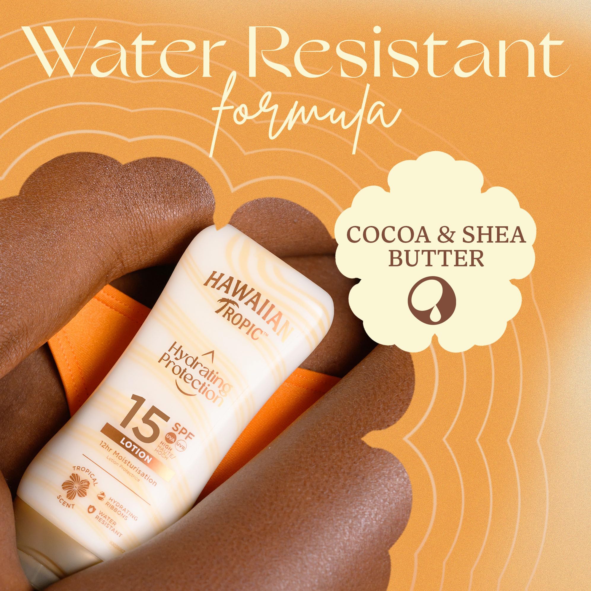 Hawaiian Tropic Hydrating Protection Sunscreen Lotion, Water Resistant SPF 15 UVA + UVB Protection Suncream, 12-Hour Moisturising Sun Lotion with Cocoa and Shea Butter, 180 ml