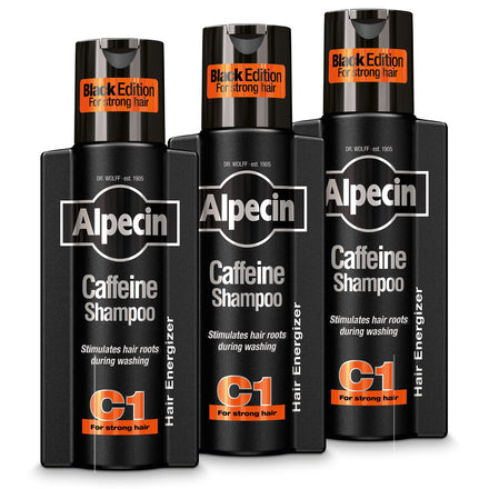 Alpecin Caffeine Shampoo C1 Black Edition - 3 x 250 ml - with new fragrance | Natural hair growth for men | Energy for strong hair | Hair Care for Men Made in Germany