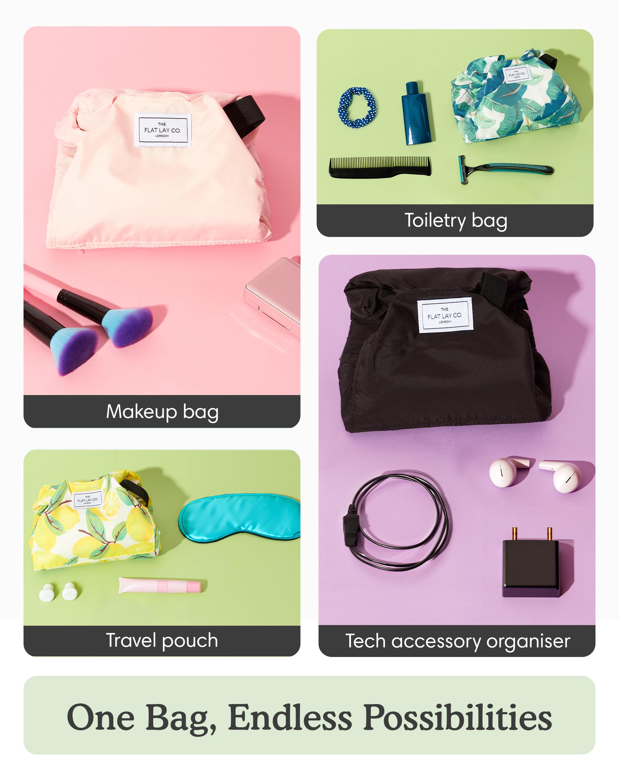 The Flat Lay Co. Makeup Bag - Tropical Leaves Travel Drawstring Makeup Bag with Brush Holder & Large Pockets - Cosmetics Organiser Storage for Eyeshadow, Blushes, Lipstick, & Brushes