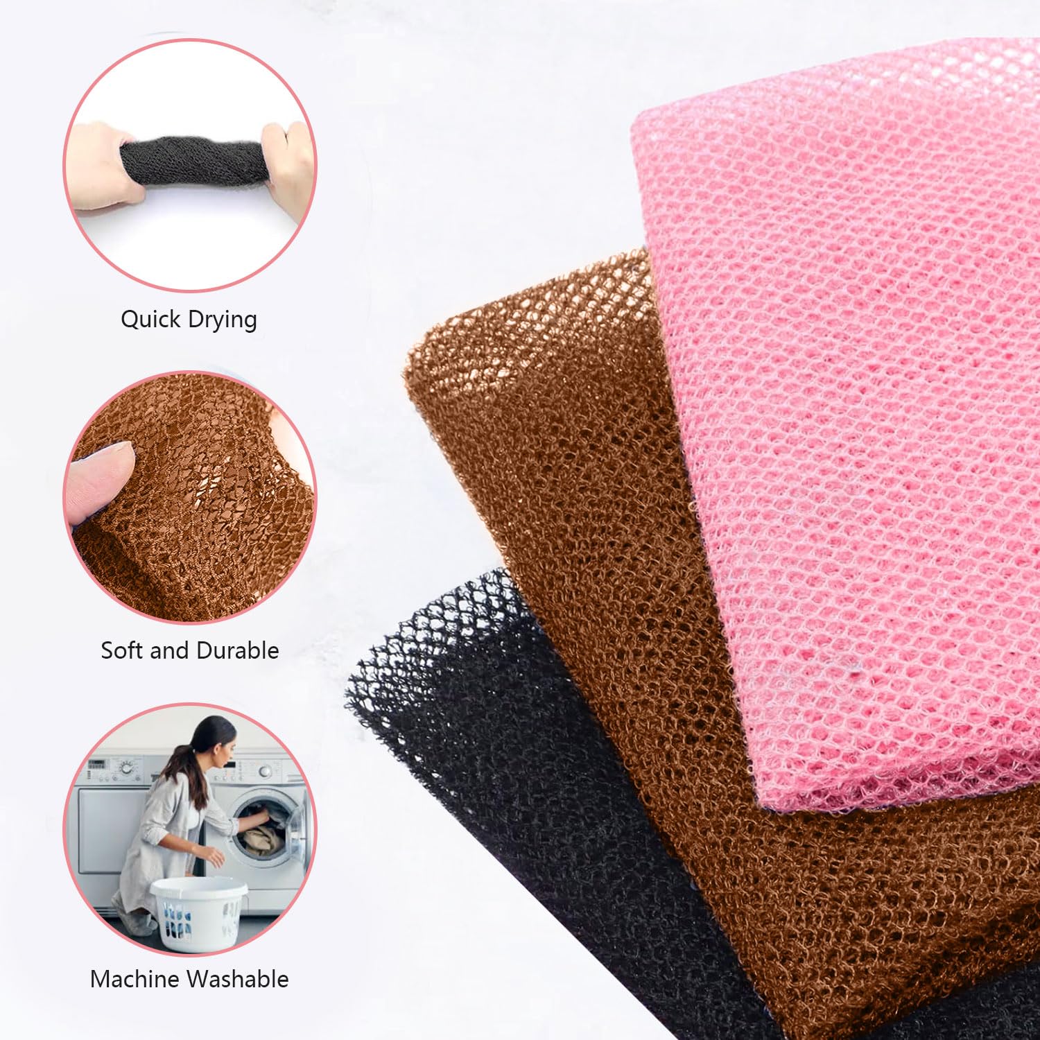 3PCS African Net Sponge Bath African Exfoliating Net Cleaning African Net Bathing Sponge Back Scrubbers Shower Body Cleaning Spa Massage Bath Towel Back Scrubber for Women Men Shower(Brown Pink Black)