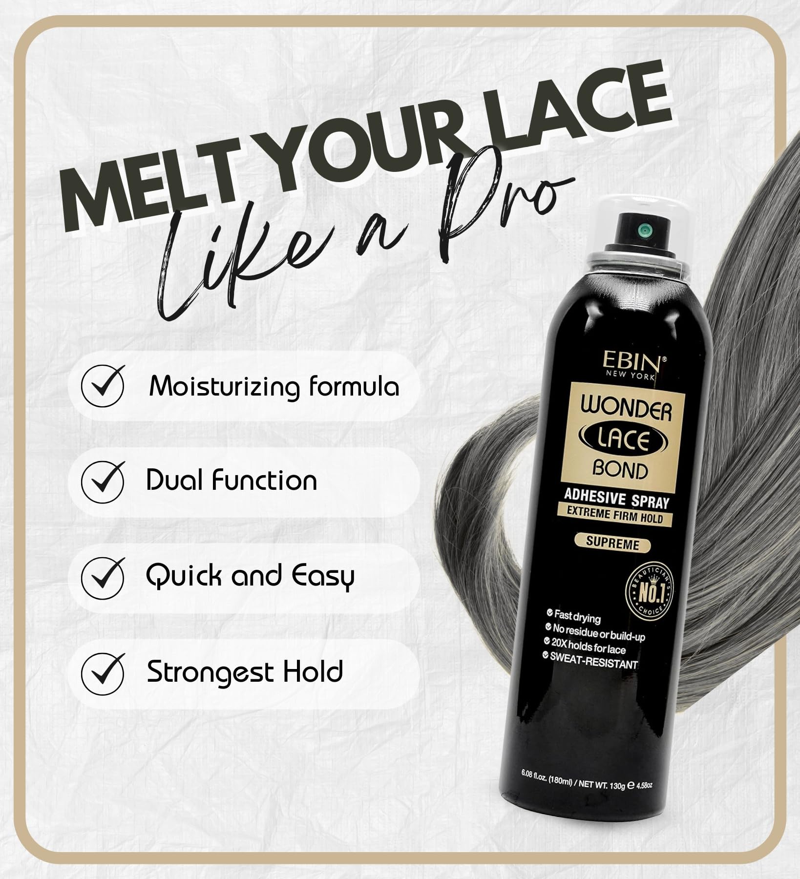 EBIN NEW YORK Wonder Lace Bond Adhesive Spray Supreme - Extreme Firm Hold 180ml | Supreme Use, Fast Drying, No Residue, No Build-up, Powerful Hold, All-day Hold, Easy Daily Wig Install