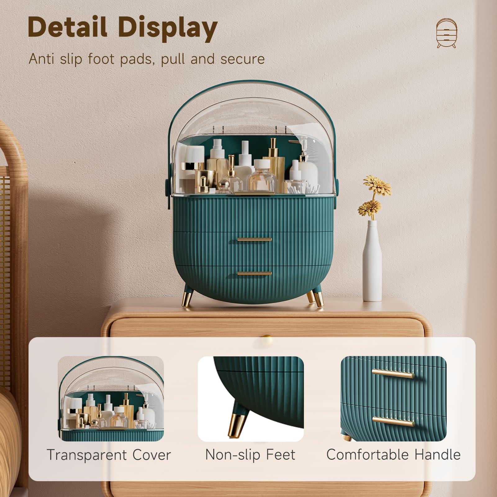 Multi-Function Make Up Case Dustproof Cosmetic Storage Box, Organizer Skin Care Products Jewelry Organizer Finishing Box for Bedroom Bathroom Desktop (Dark Green)