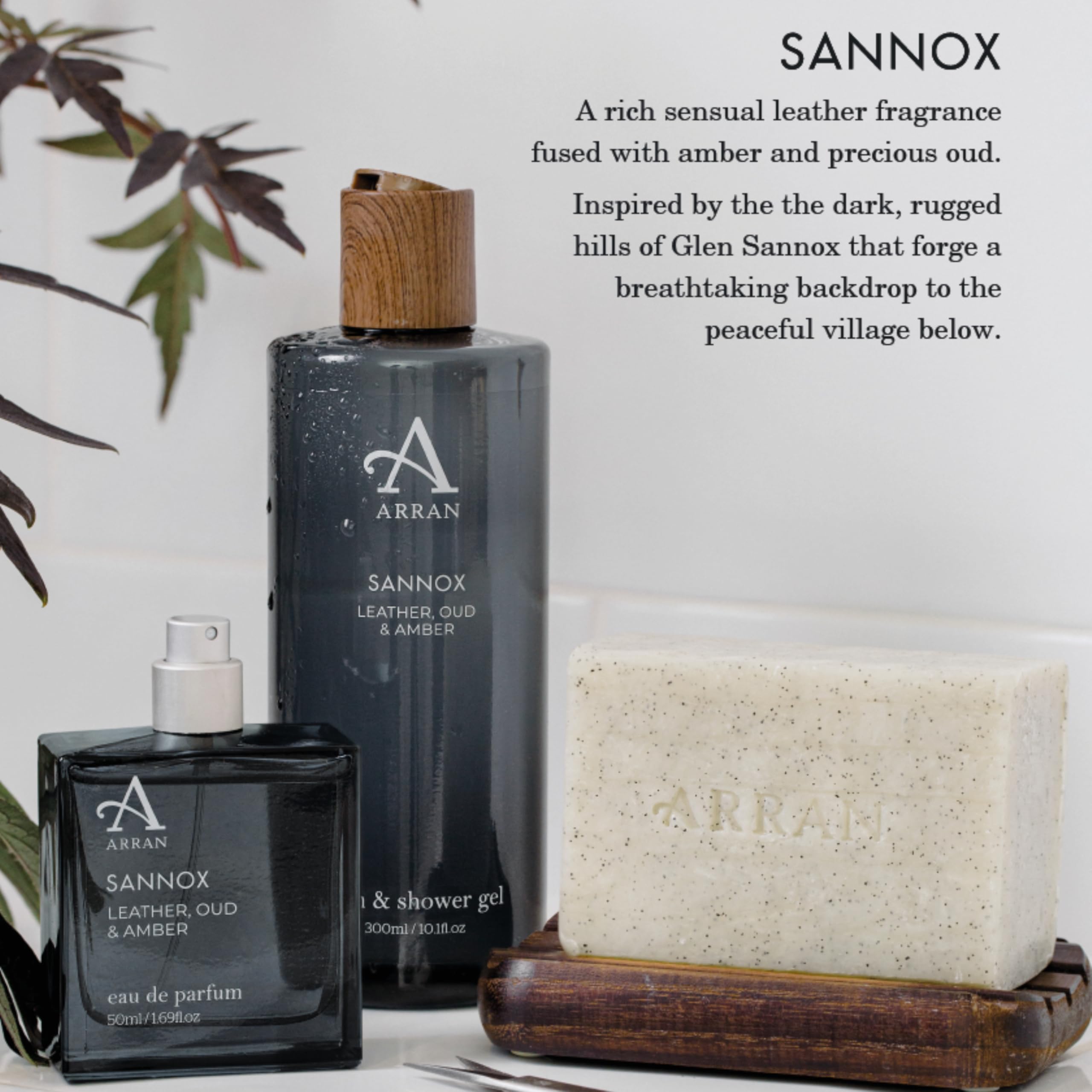 Arran Sense of Scotland Sannox Oud Body Wash (300ml) Luxury Scottish Shower Gel with Leather and Amber, enriched with Pro Vitamin B5 - Gift for Men & Women