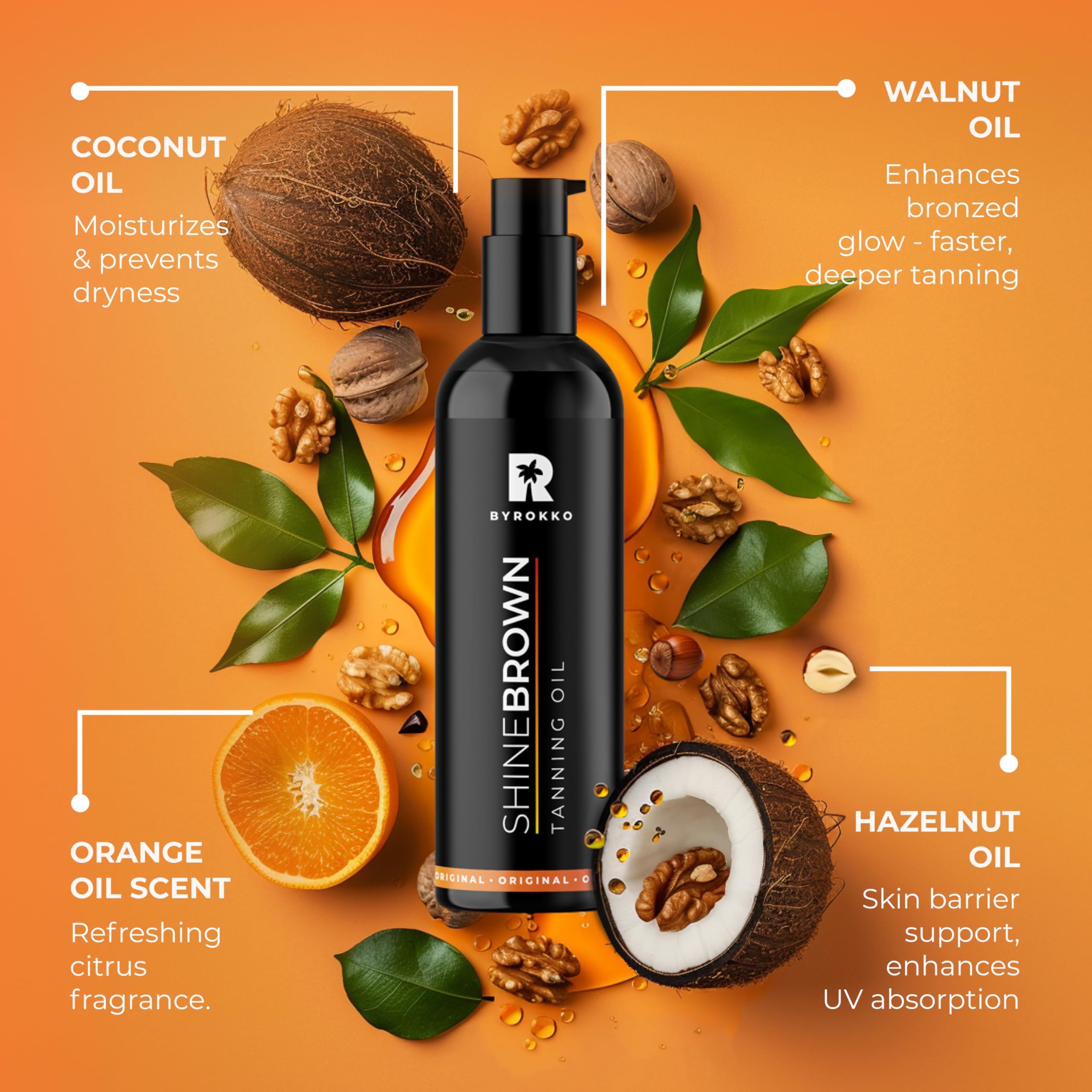 BYROKKO Shine Brown Tanning Oil (150 ml), XXL Sunbed Tanning Accelerator for Outdoor Sun or Indoor Tanning Bed Lotion, Fast Bronzer with Premium Natural Ingredients for Deep, Long-Lasting Glow