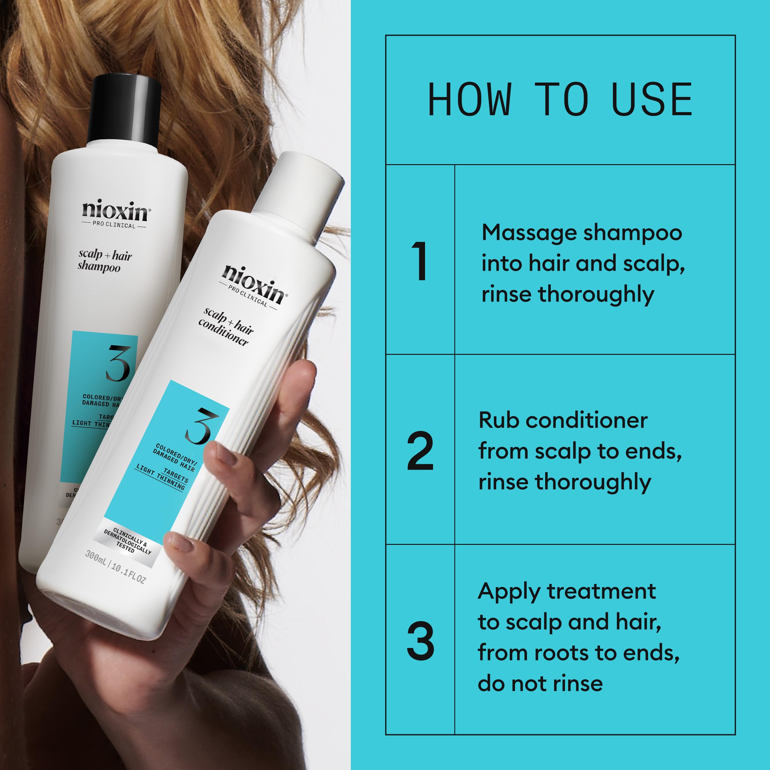 Nioxin Scalp + Hair Thickening System 3 Loyalty Kit - Hair Thickening System for Coloured, Dry and Damaged Hair with Light Thinning - Shampoo, Conditioner and Scalp Treatment, 300+300+100ml
