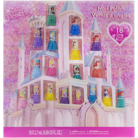 Disney Princess 18 Piece Water-Based Nail Polish Set, Castle Theme, Quick Dry and Peels-Off, Nail Paint Set for Girls, Perfect for Parties, Sleepovers and Makeovers, Ages 3+, By Townley Girl