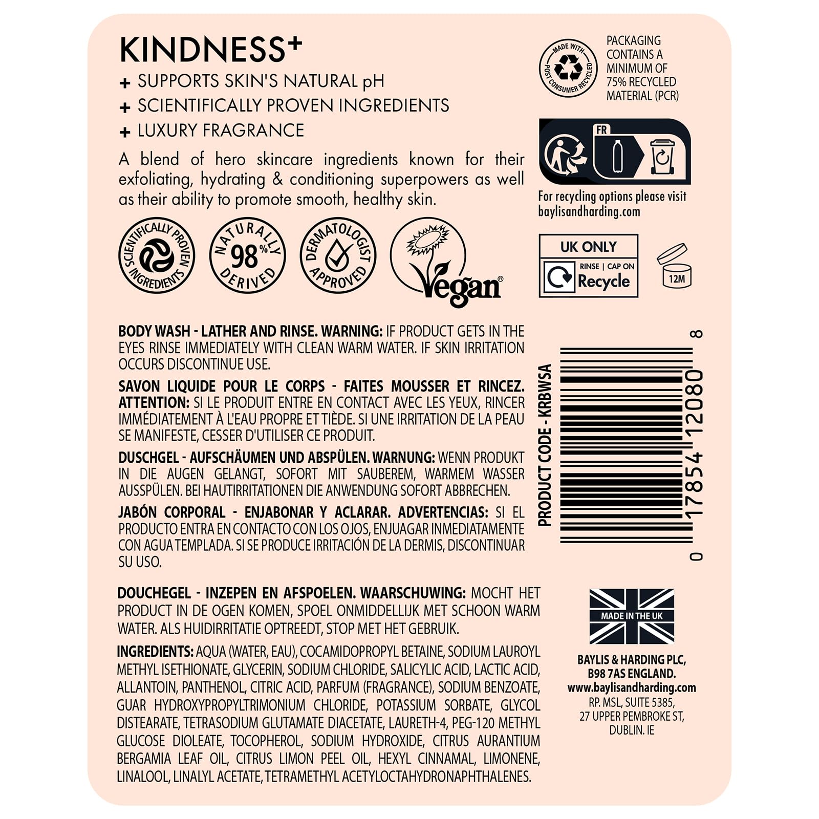 Baylis & Harding Kindness+ Salicylic Acid Cleanse & Renew 500ml Body Wash (Pack of 3) - Vegan Friendly