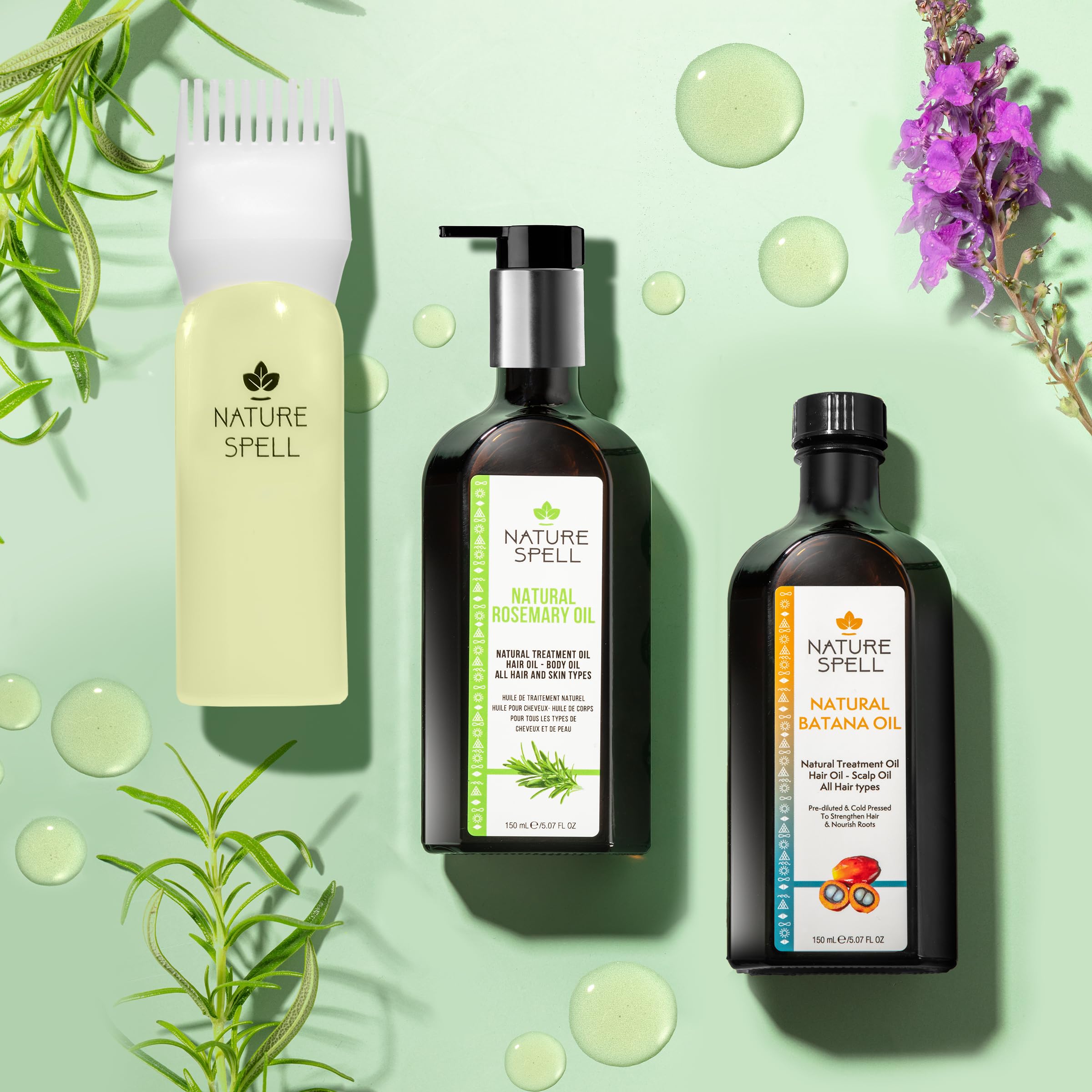 Nature Spell Rosemary Oil & Batana Oil Hair Care Set For Hair Growth, Scalp & Hair Strengthening Duo, With Applicator & Pump, 2 x 150ml