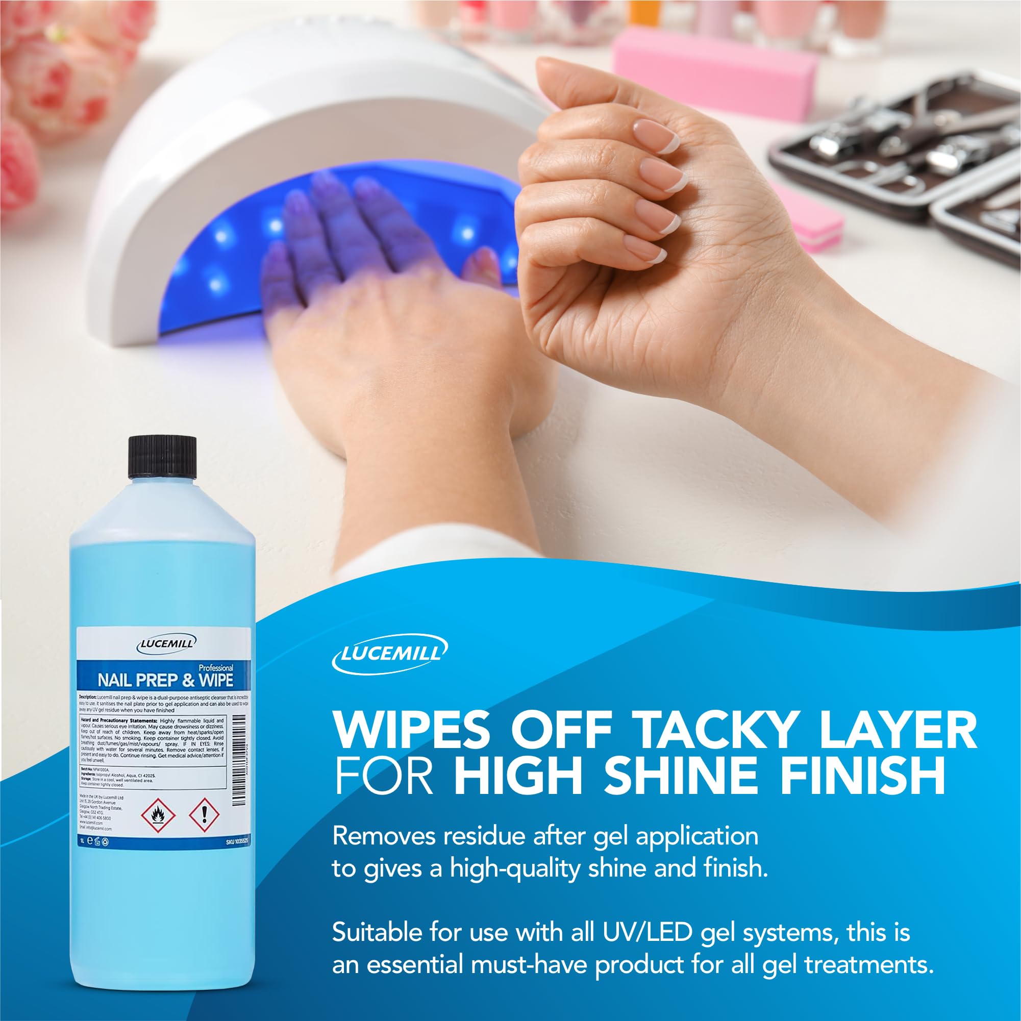Lucemill Nail Prep & Wipe Gel Polish Cleanser | Professional Formula for Gel Nails & Acrylics | Alcohol Wipe Off Solution - 1 Litre