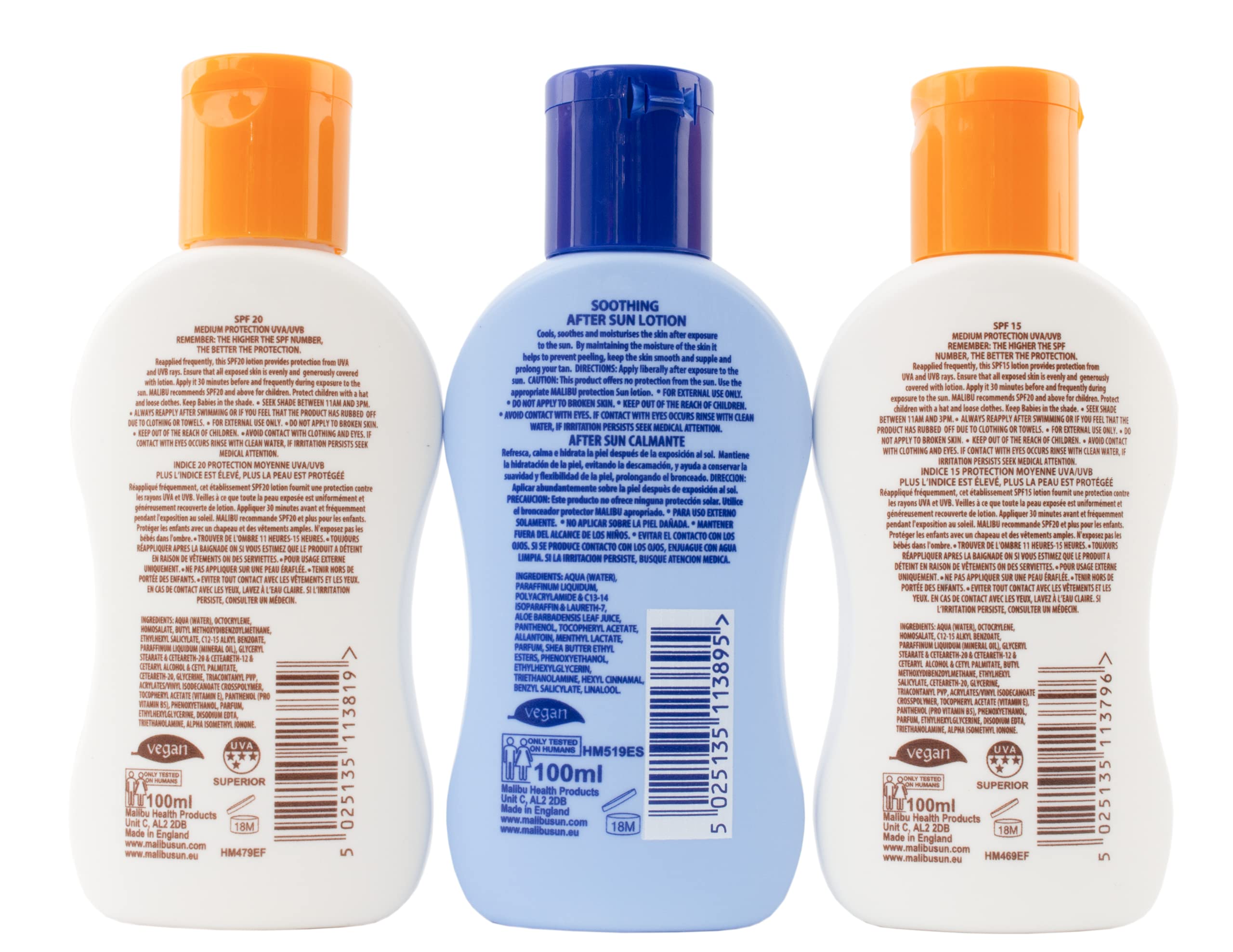 Malibu Sun Travel Essentials with Suncream Protection and Soothing Aftersun Lotion, Water Resistant, SPF 15 and 20, Multipack, 3 x 100ml