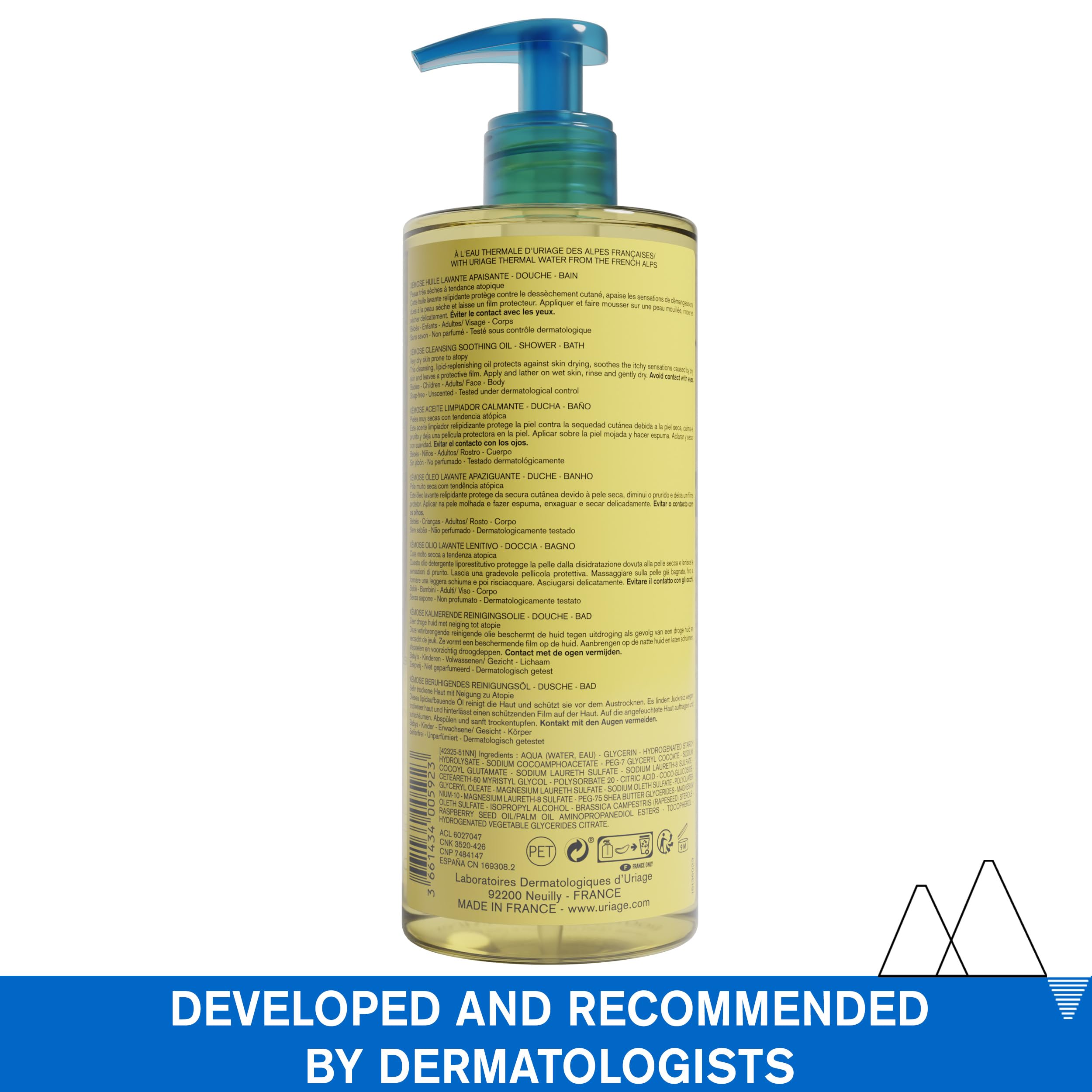 Uriage Xemose Cleansing Soothing Oil - Nourishing Cleansing for Face & Body with 19% Glycerin & Shea Butter - Dry Skin Prone to Atopy - Soothes Itching Sensations - Fragrance-free & Soap-free - 500ml
