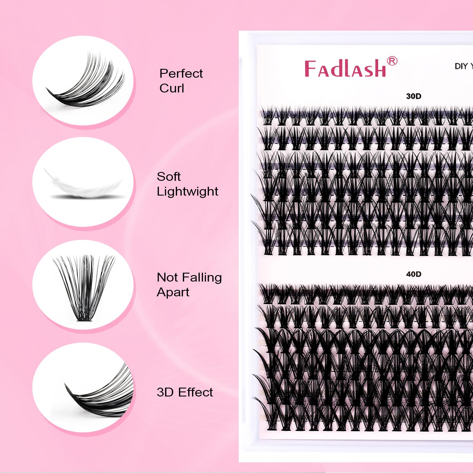 FADLASH DIY Lash Extension Kit Individual Lashes Clusters30P+40P D Curl 8-16mm Lash Bond and Seal, Clusters Lash Glue Remover and Eyelash Tweezers for Eyelash Extensions