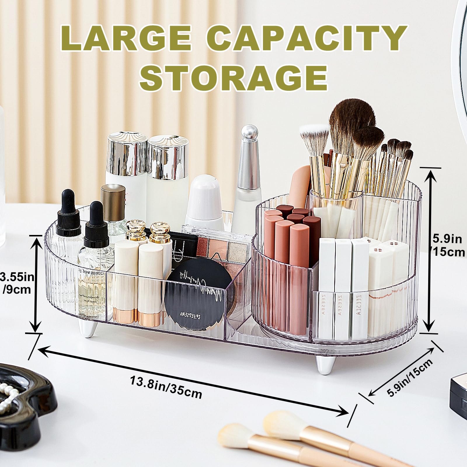 BULLA Makeup Organiser, 360 Rotating Makeup Organiser, Rotating Compartment 2 In 1 Cosmetic Storage, Makeup Organizer Storage Is Perfect for Dresser, Bathroom, Bedroom (Crystal Clear)