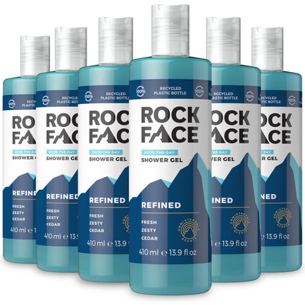 Rock Face Shower Gel - Refined All In One Body Wash for Men, 410ml, Sandalwood & Cedar Scent, Suitable for Hair and Body, Long Lasting Fragrance, Multipack of 6