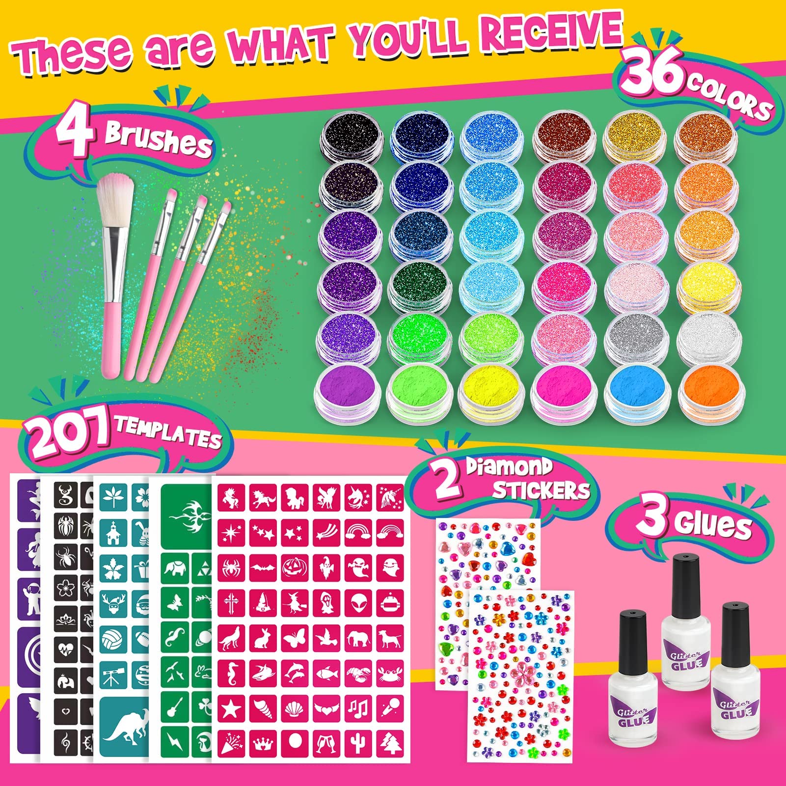 Dreamon Glitter Tattoos for Kids, Kids Temporary Tattoo for Girls Boys, 36 Colours Glitter Tattoo Kit, Gifts for Birthday Party Cosplay Christmas, 207 Stencils 4 Brushes 3 Glue (6 Fluorescence)