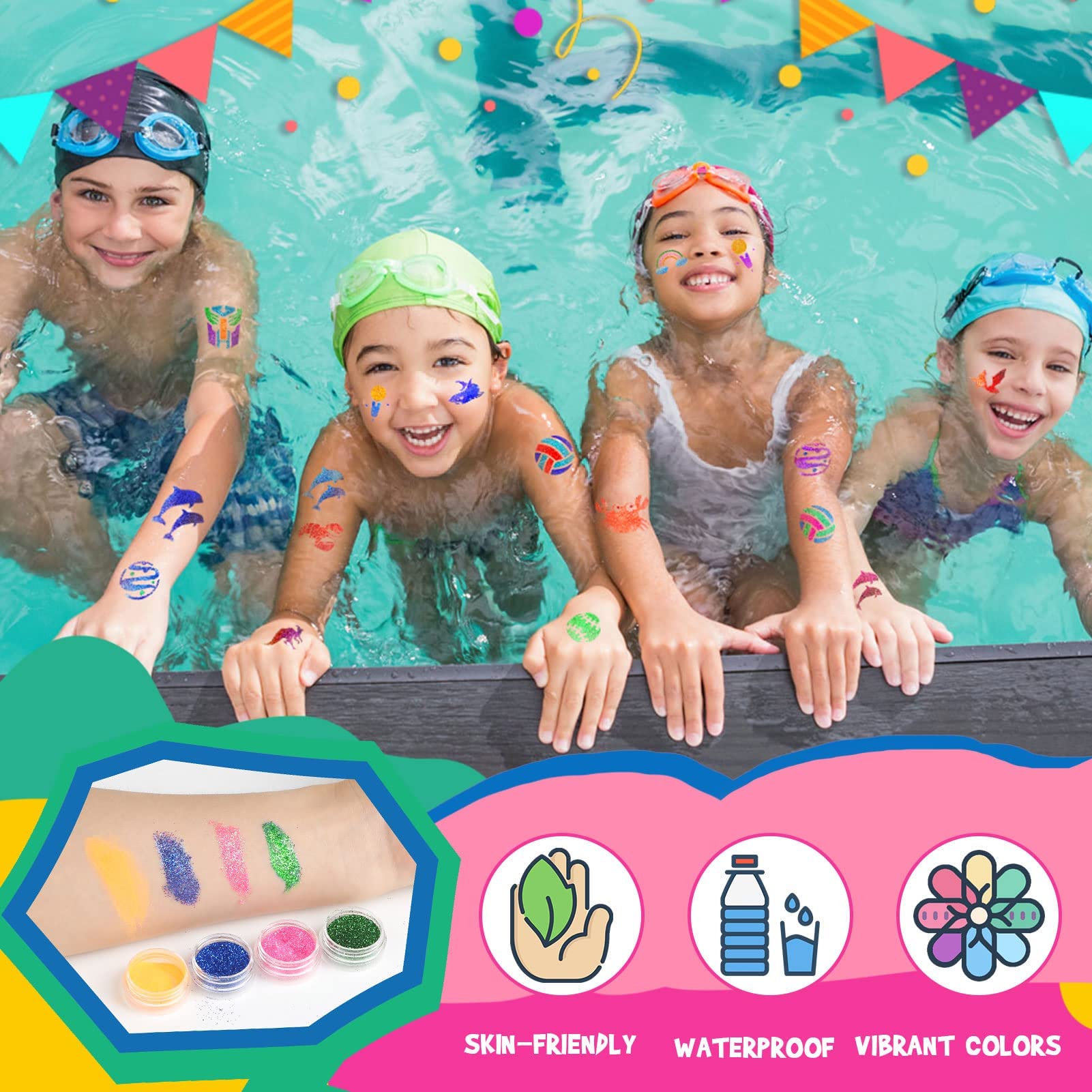 Dreamon Glitter Tattoos for Kids, Kids Temporary Tattoo for Girls Boys, 36 Colours Glitter Tattoo Kit, Gifts for Birthday Party Cosplay Christmas, 207 Stencils 4 Brushes 3 Glue (6 Fluorescence)