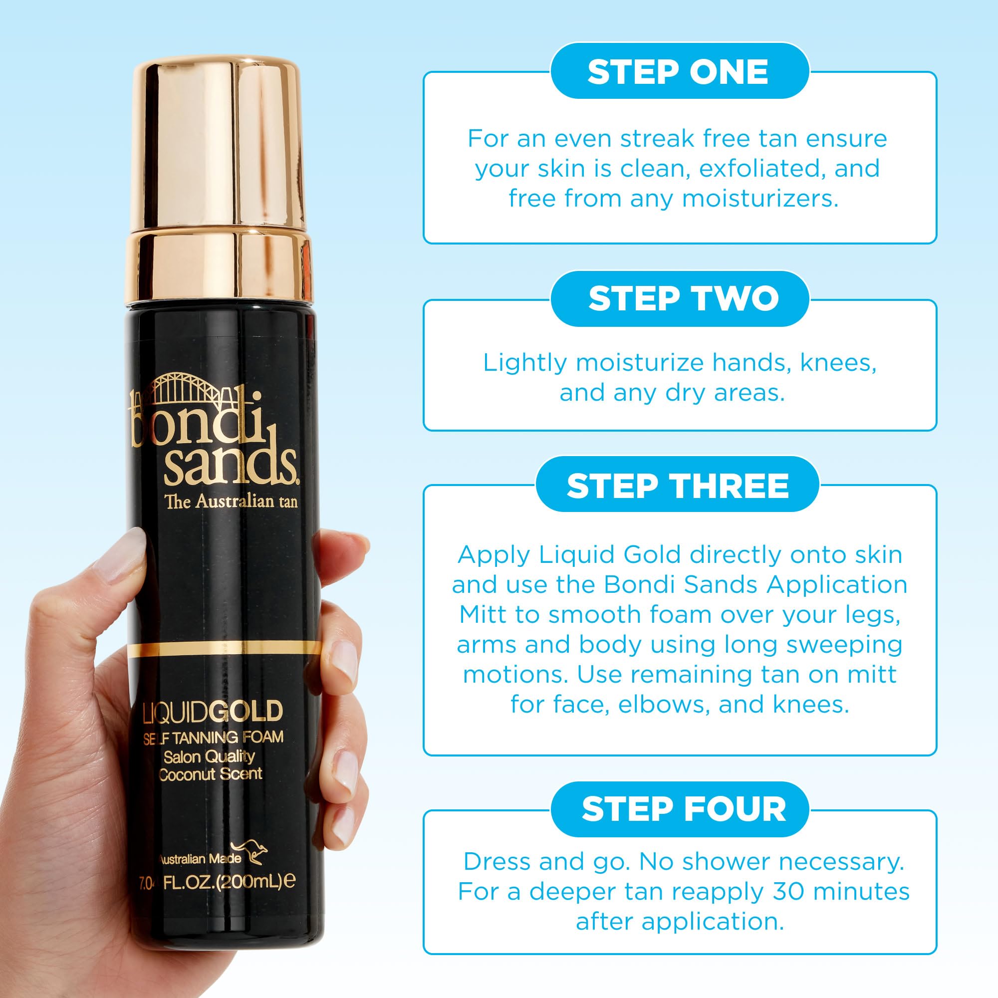 Bondi Sands Liquid Gold Self-Tanning Foam, Enriched with Argan Oil, Vegan + Cruelty Free, Coconut Scent, 200mL