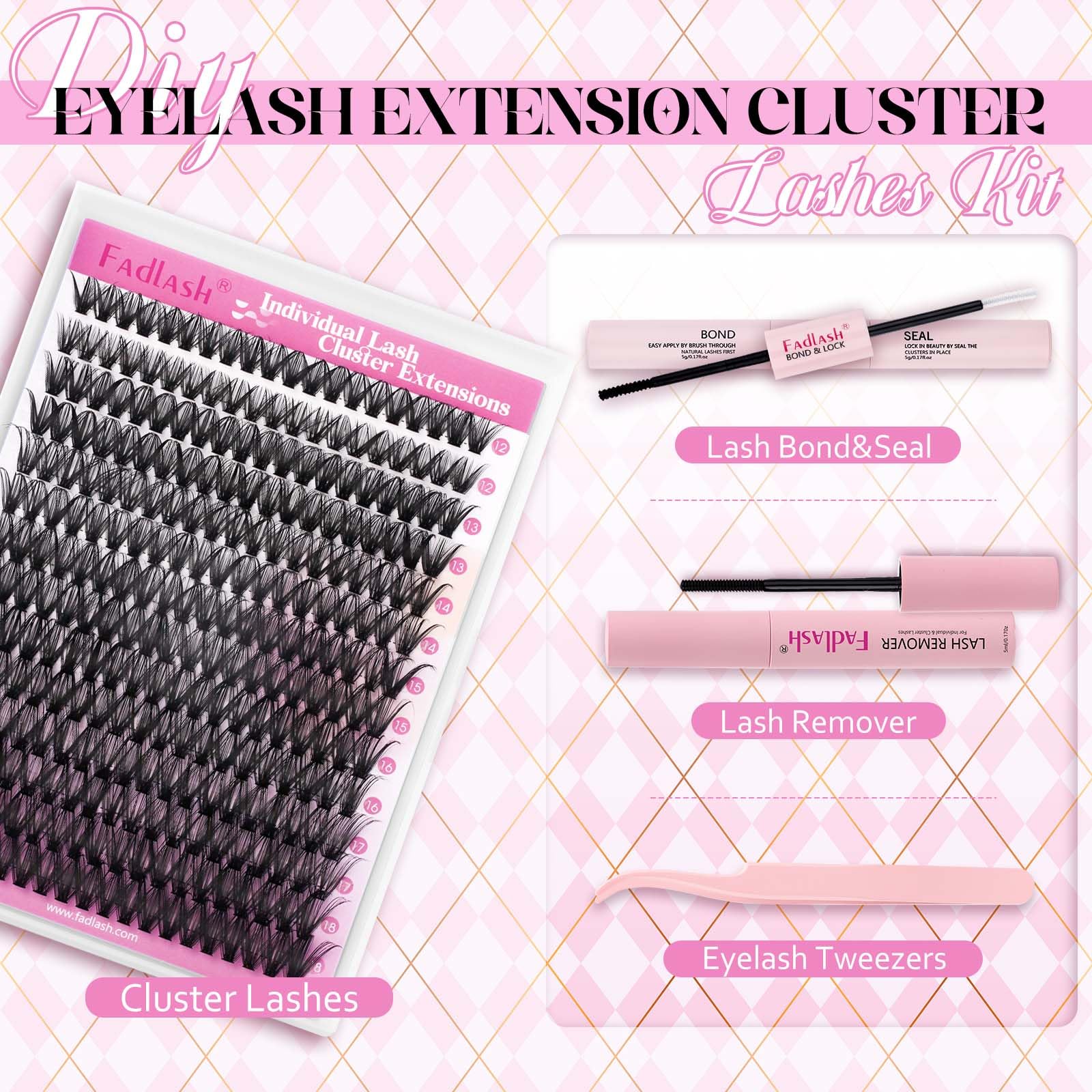 DIY Lash Extension Kit Individual Lashes Clusters Lash Bond and Seal, Clusters Lash Glue Remover and Eyelash Tweezers for Eyelash Extensions (40D-0.07D, 12-18mm, Kit)