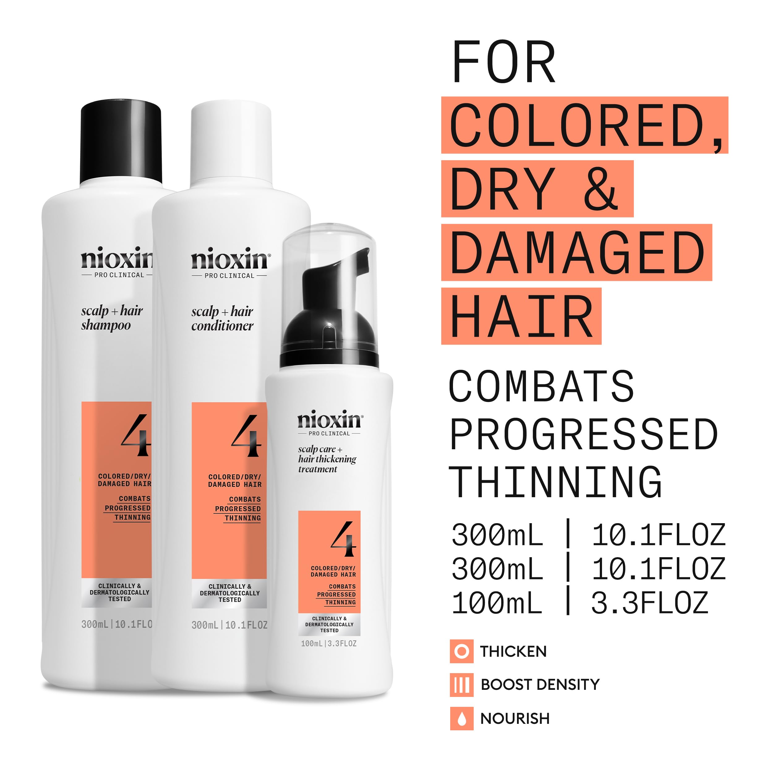 Nioxin Scalp + Hair Thickening System 4 Loyalty Kit - Hair Thickening System for Coloured, Dry and Damaged Hair with Progressed Thinning - Shampoo, Conditioner and Scalp Treatment, 300+300+100ml