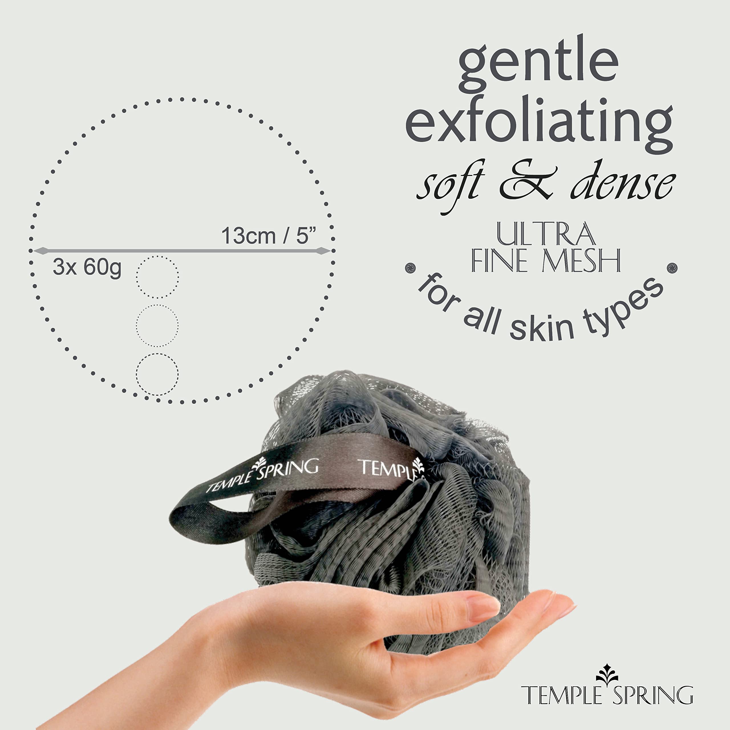 Temple Spring Loofah Shower Sponge, Recycled Body Scrubber Scrunchies, Exfoliating Bath Sponge, Shower Puff Bath Sponges for Adults, Loofah Back Scrubber Pouffe, Loofa Body Scrub Exfoliator - Grey
