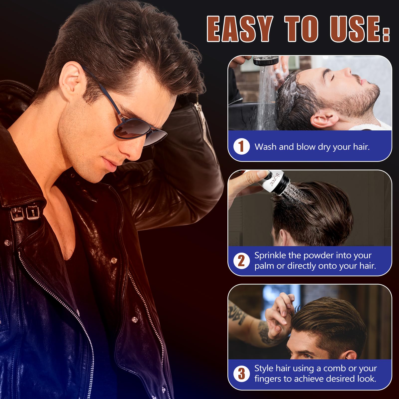 Hair Styling Powder for Men, 3 PCS Hair Texture Powder for Men, Natural Look Mens Styling Powder - Matte Texture Long-lasting Hold and Easy to Apply with No Oil or Greasy Residue, 10g