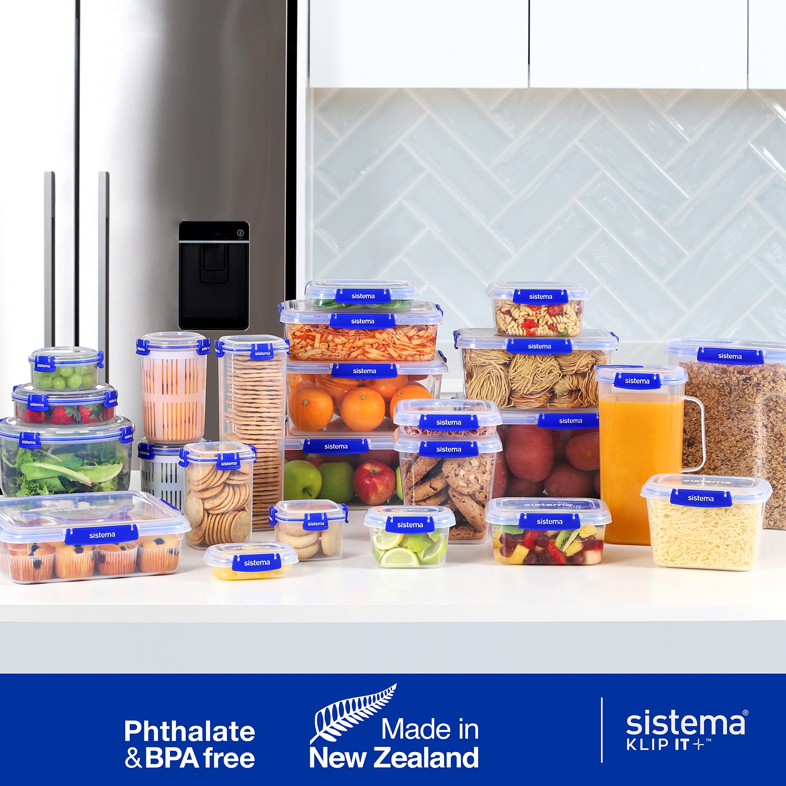Sistema KLIP IT PLUS Food Storage Containers | 3.35 L | Leak-Proof, Stackable & Airtight Fridge/Freezer Containers with Lids | BPA-Free Plastic | Blue Clips | 3 Count