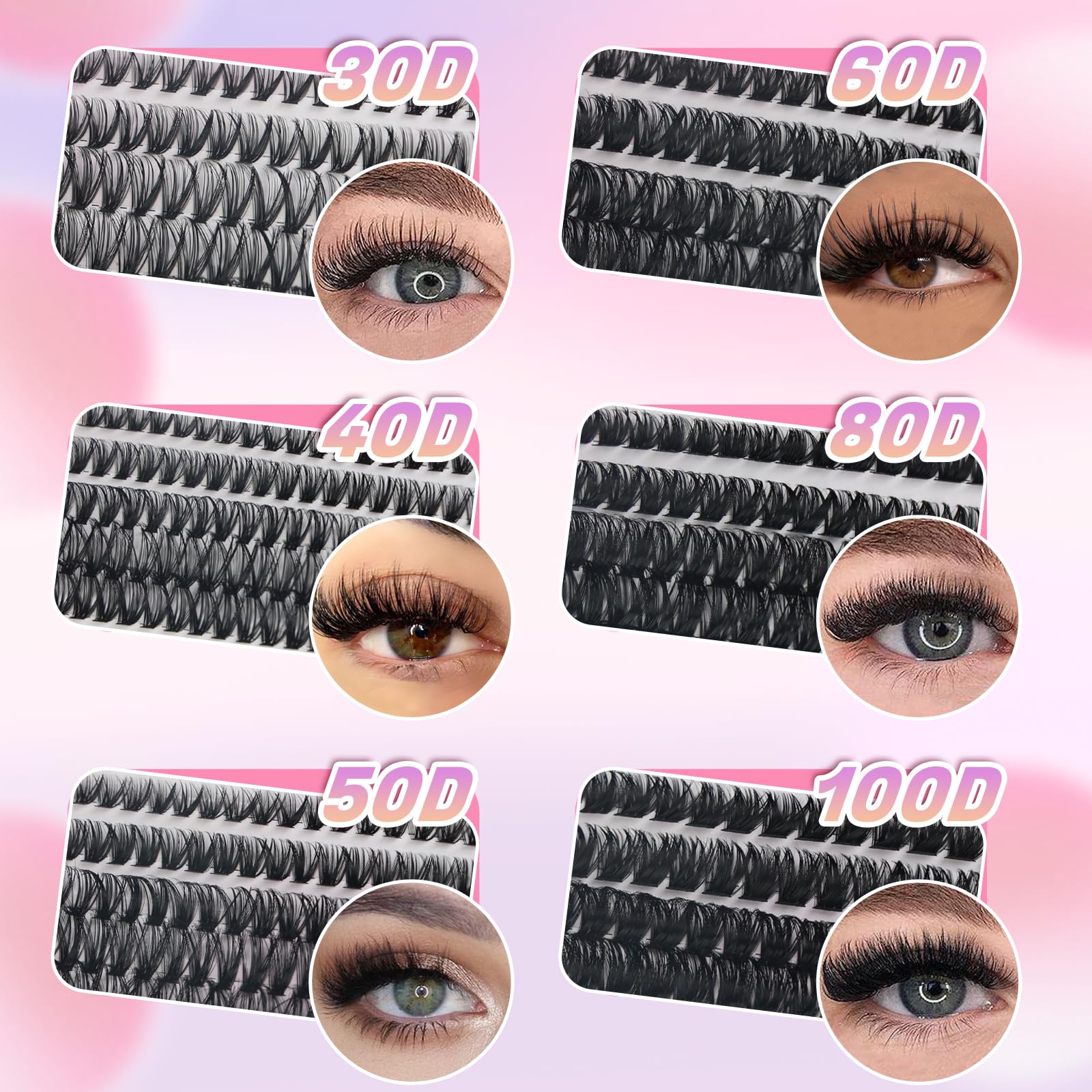 FANDIQ Fluffy Individual Eyelashes Kit 30+40+50+60D Clusters Lashes Kit 640PCS Eyelash Clusters Thick Tatti Lashes Russian Strip D Curl DIY Lash Kit with Lash Bond and Remover Tweezers Brush(C01 KIT)