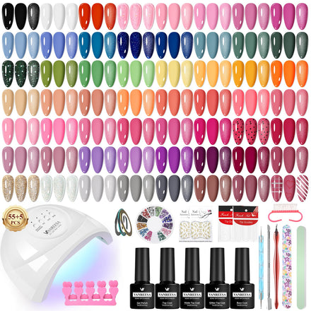 VANREESA Gel Nail Polish Set, 77 PCS Gel Nail Kit with U V Lamp 55 Colours White Nude Pink Gels Polish Set with Base and Top Coat Manicure Tools Nail Salon Sets DIY at home Gifts for Women