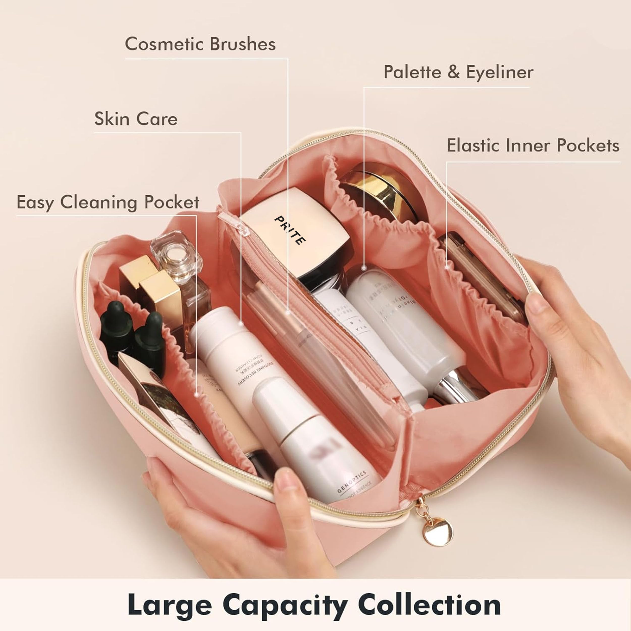 Prite Large Capacity Makeup Bag Portable Travel Cosmetic Bag Waterproof Toiletry Case with Clear Divider and Handle (Pink)