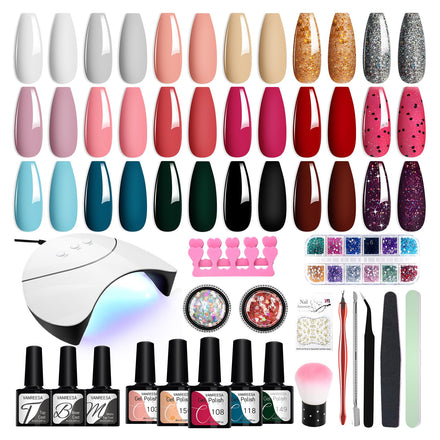 VANREESA 34 PCS Gel Nail Polish Set with Lamp Starter Kit, 18 Colours Gel Nail Kit Classic Popular Pink Red Glitter Soak Off Gels Polish Set with Manicure Tools Nails Salon Set Gifts for Women