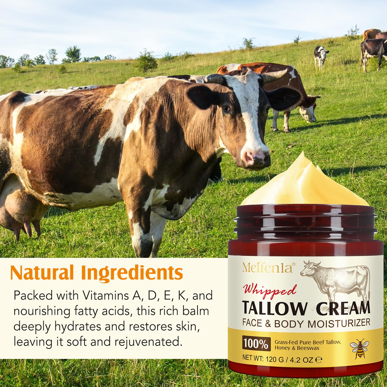 Gorgeurora Beef Tallow for Skin, Beef Tallow and Honey Balm 4.2oz, Tallow Face Moisturizer, Organic Grass - Fed Whipped Beef Tallow and Honey Balm - Deeply Moisturizing for Face & Body, Softens Dry