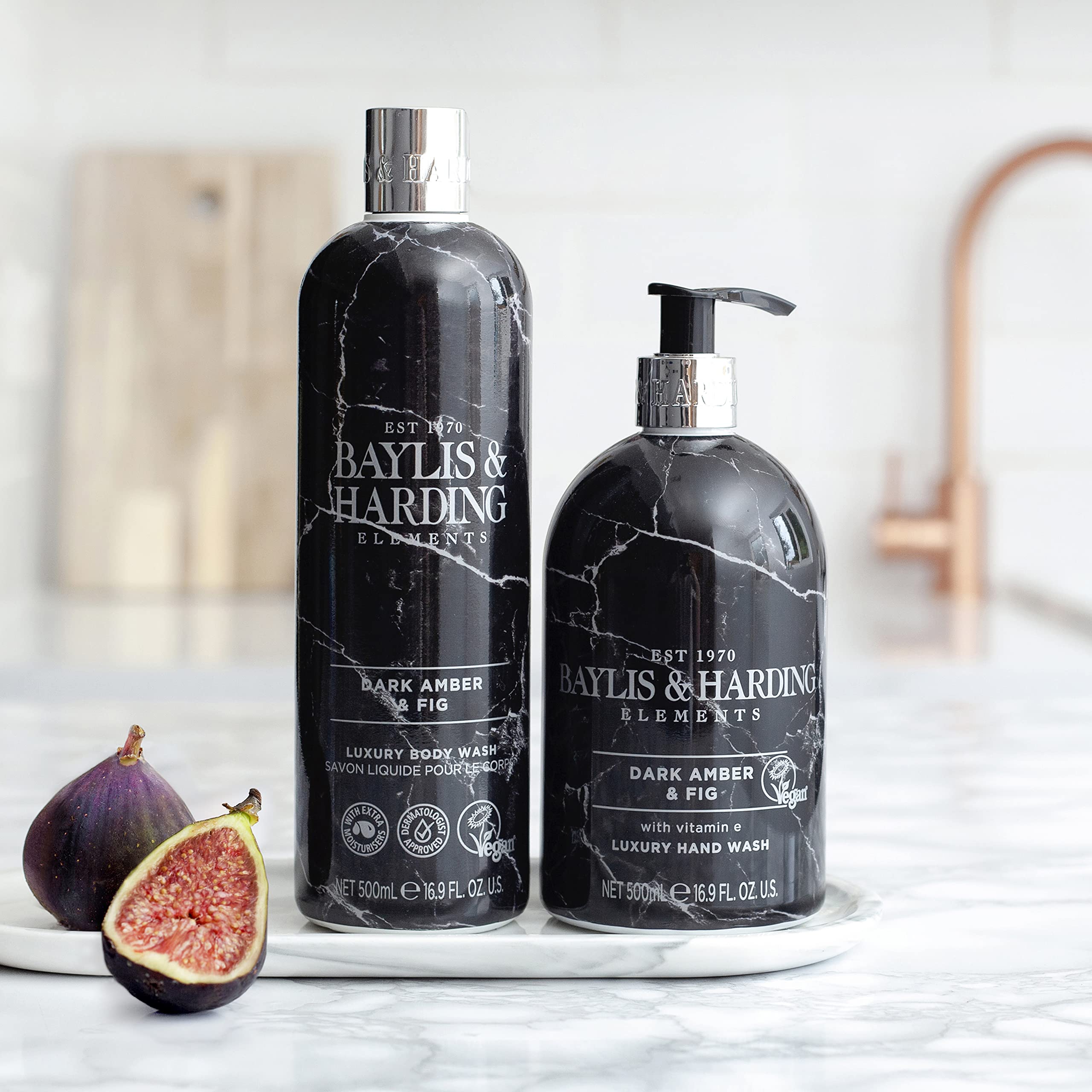 Baylis & Harding Liquid Body Wash Soap, Elements, Dark Amber & Fig, 16.9oz/500ml (4-Pack)