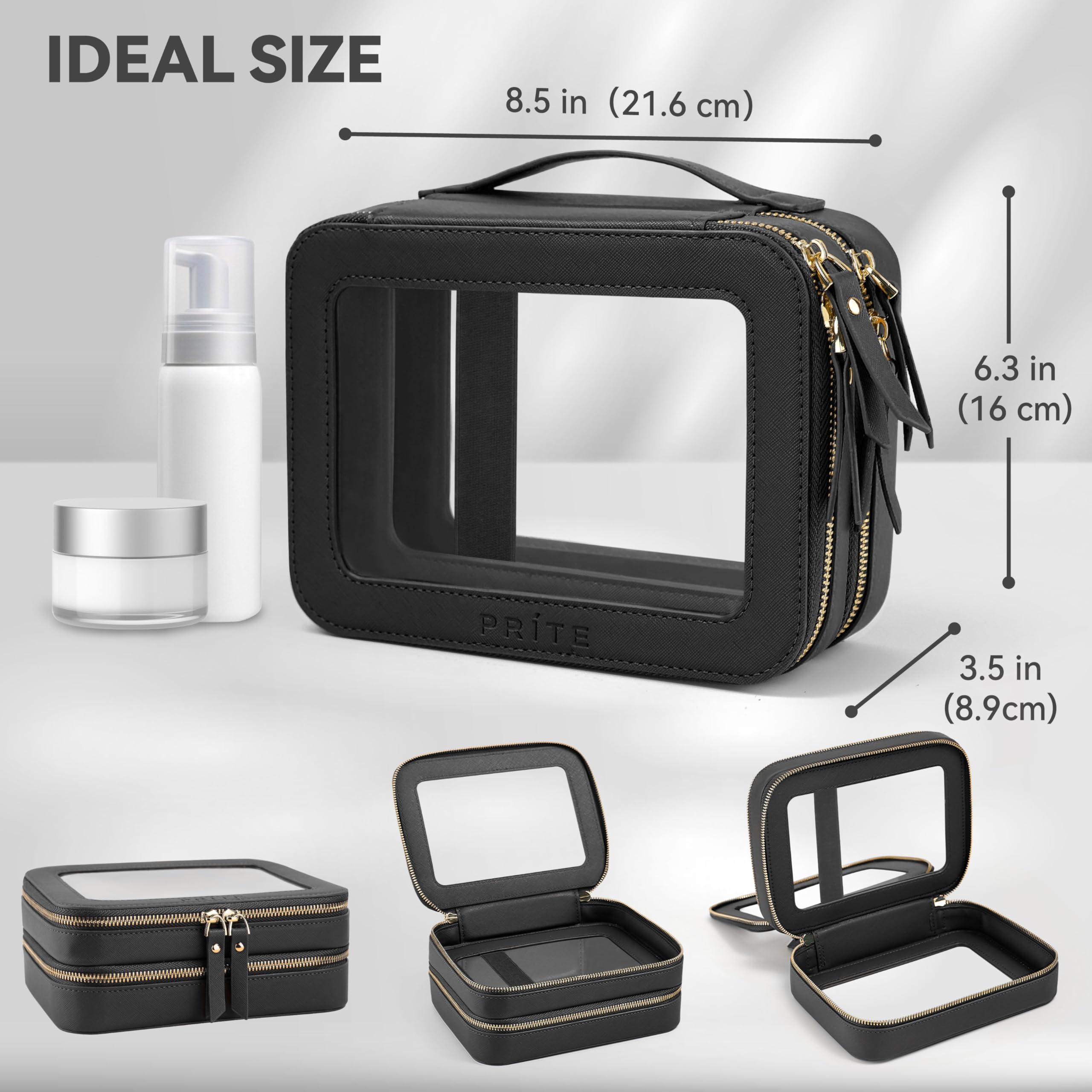 Prite Large Clear Makeup Bag with Gift Box Double Sided Cosmetic Case Two Layer Travel Toiletry Bag with Zippers and Compartment (Black)
