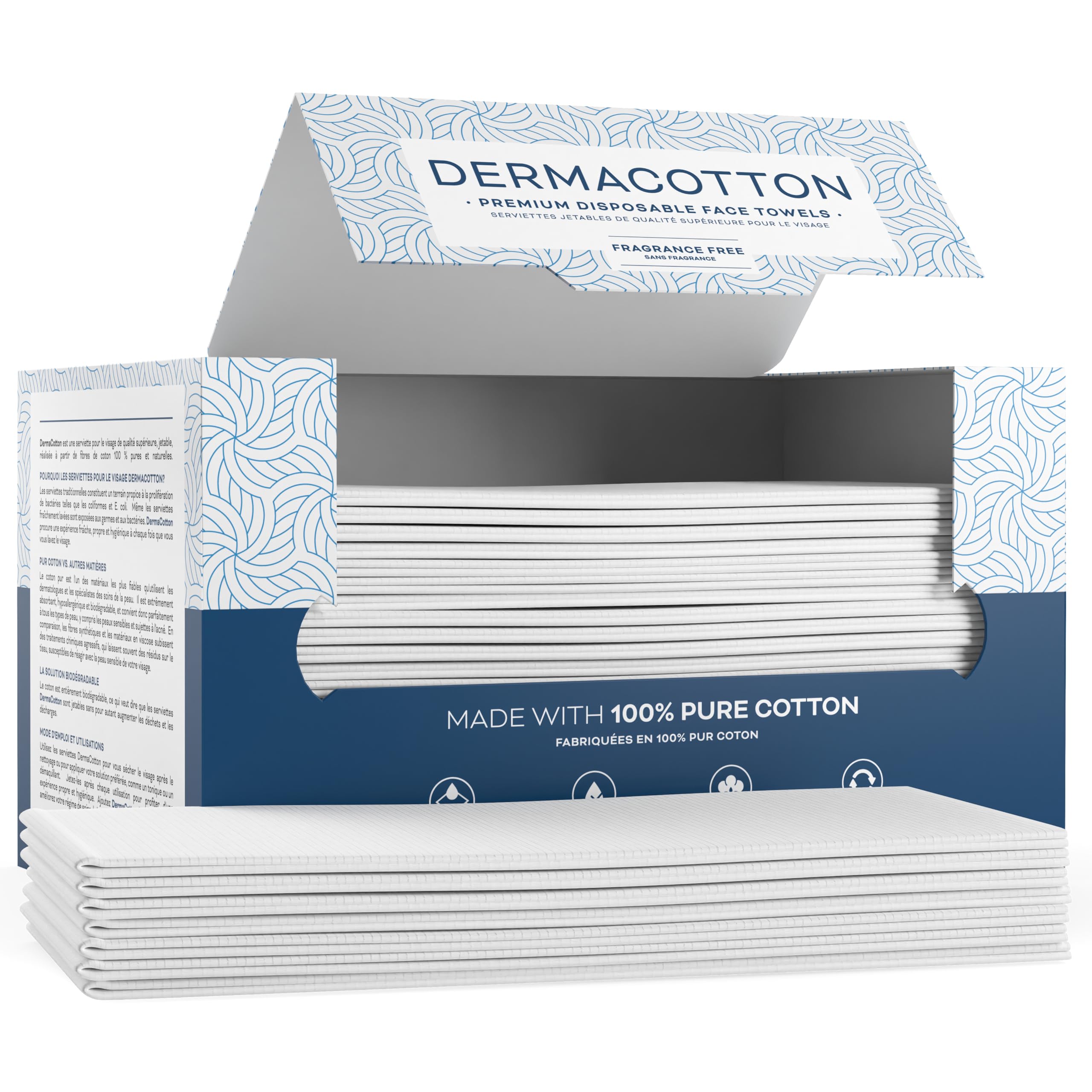 DERMACOTTON 80 Disposable Towels - Pure Cotton, 100% Biodegradable, Hypoallergenic for Face Wash and Makeup Removal – Super Soft Face Wipes, Sensitive Skin, Facial Cloths