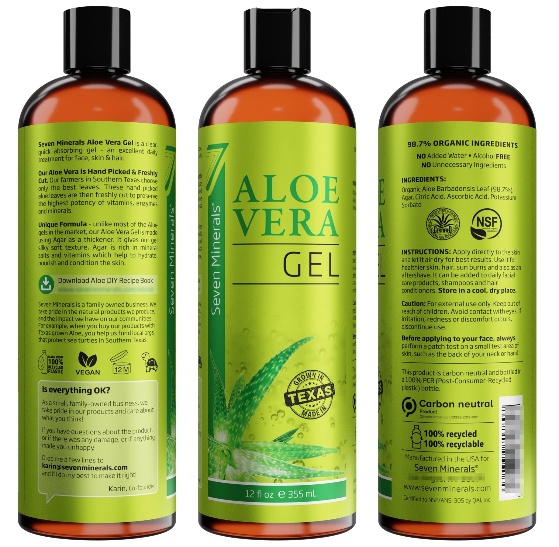 Seven Minerals Organic Aloe Vera Gel with 100% Pure Aloe from Freshly Cut Aloe - NO ACRYLATES & CROSSPOLYMERS, so it absorbs rapidly with No sticky residue - Big 355 ml / 12 fl oz