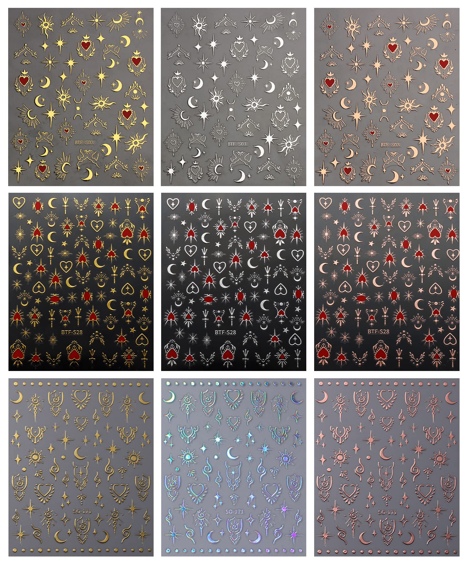 JMEOWIO 9 Sheets Moon Star Nail Art Stickers Decals Self-Adhesive Pegatinas Uñas Sun Nail Supplies Nail Art Design Decoration Accessories