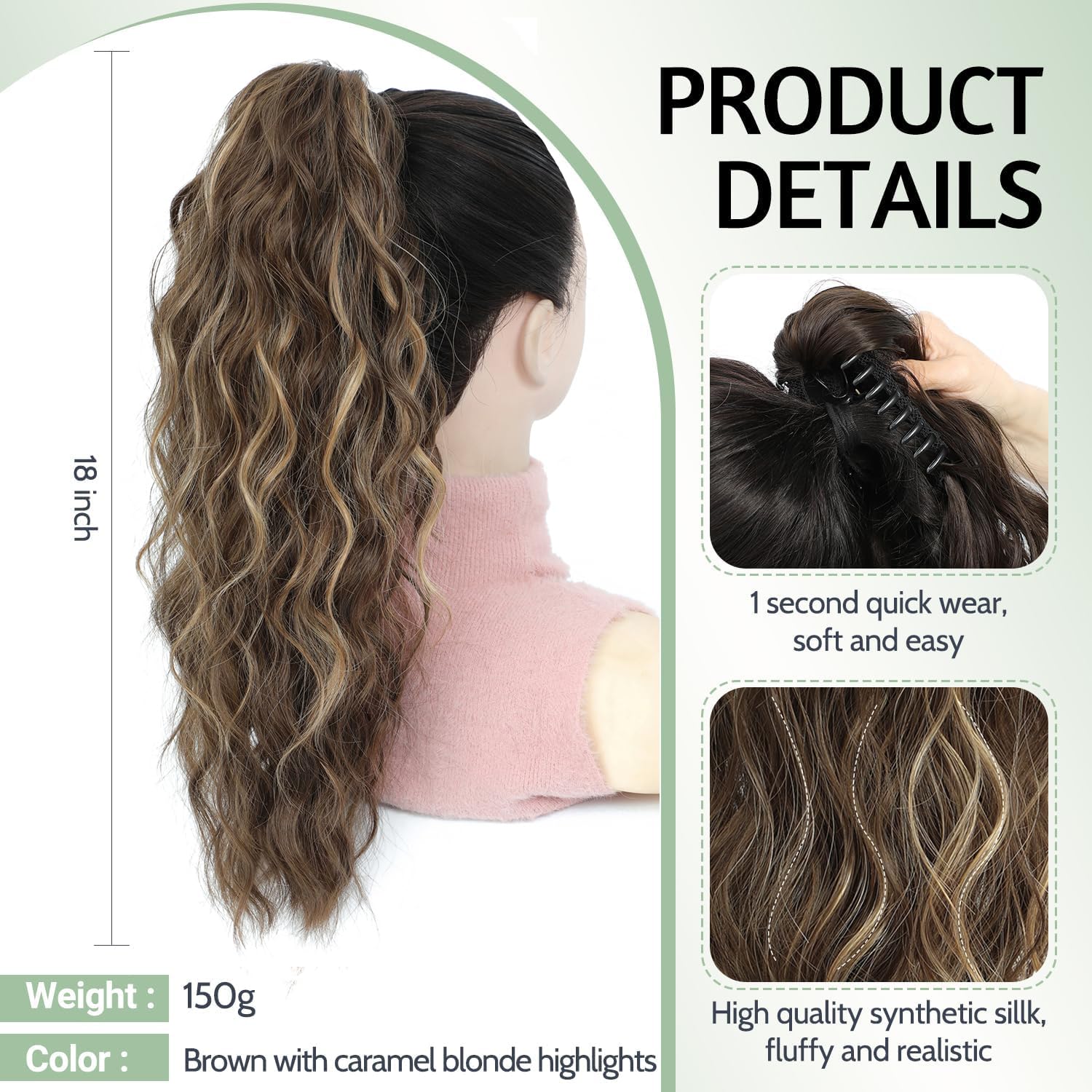 FINE PLUS Ponytail Extension Claw Synthetic Curly Wavy Claw Clip in Ponytail Hair Extensions 18INCH Curly Ponytail Extension Hair Hairpieces for Daily Party Use Dark Cool Brown Color