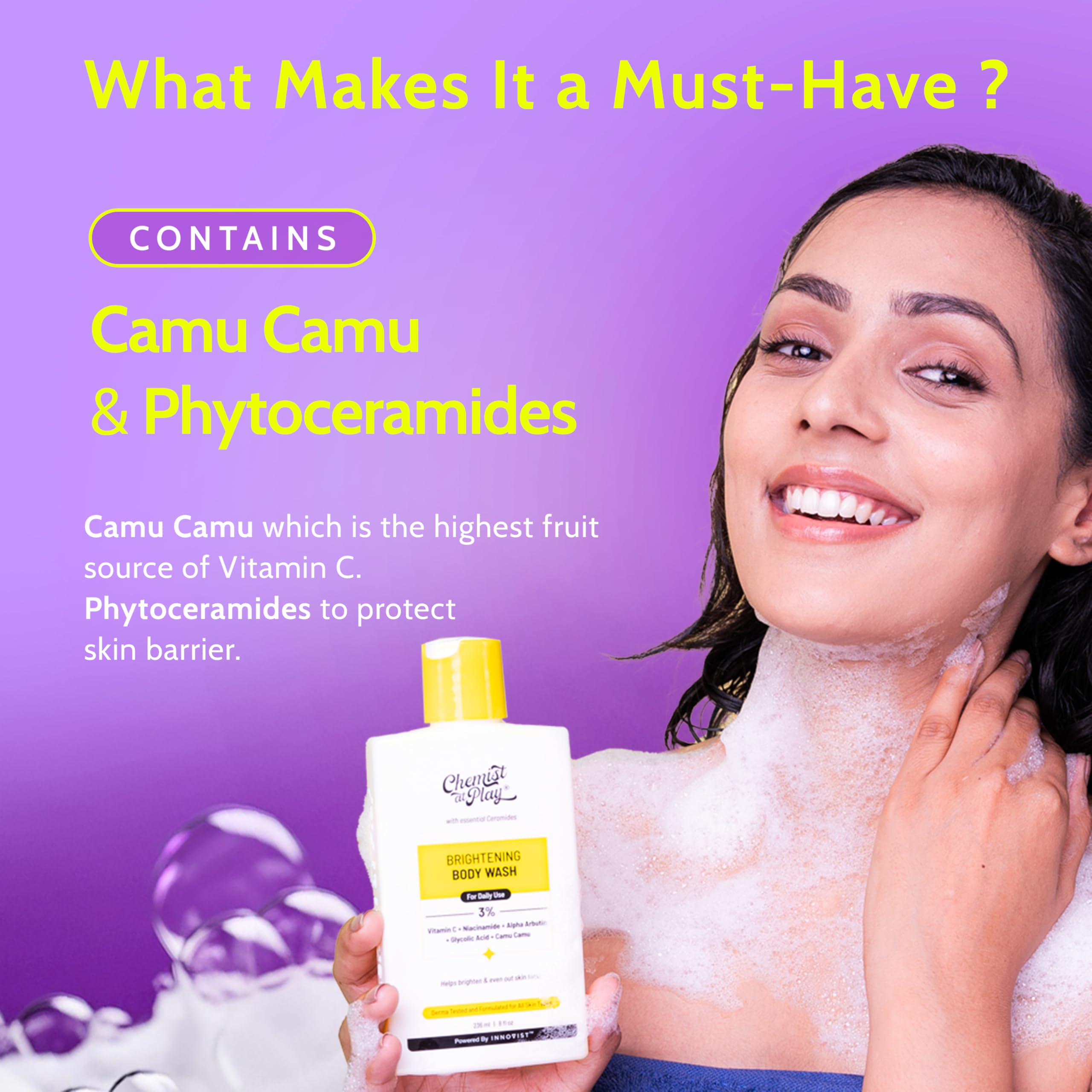 Chemist at Play Brightening Body Wash | Glowing Skin Vitamin C Bodywash | Helps to Reduce Fades Dark Spots, Evens out Skin Tone | Alpha Arbutin | 30X Vitamin C with Camu Camu | For Women & Men | 236ml