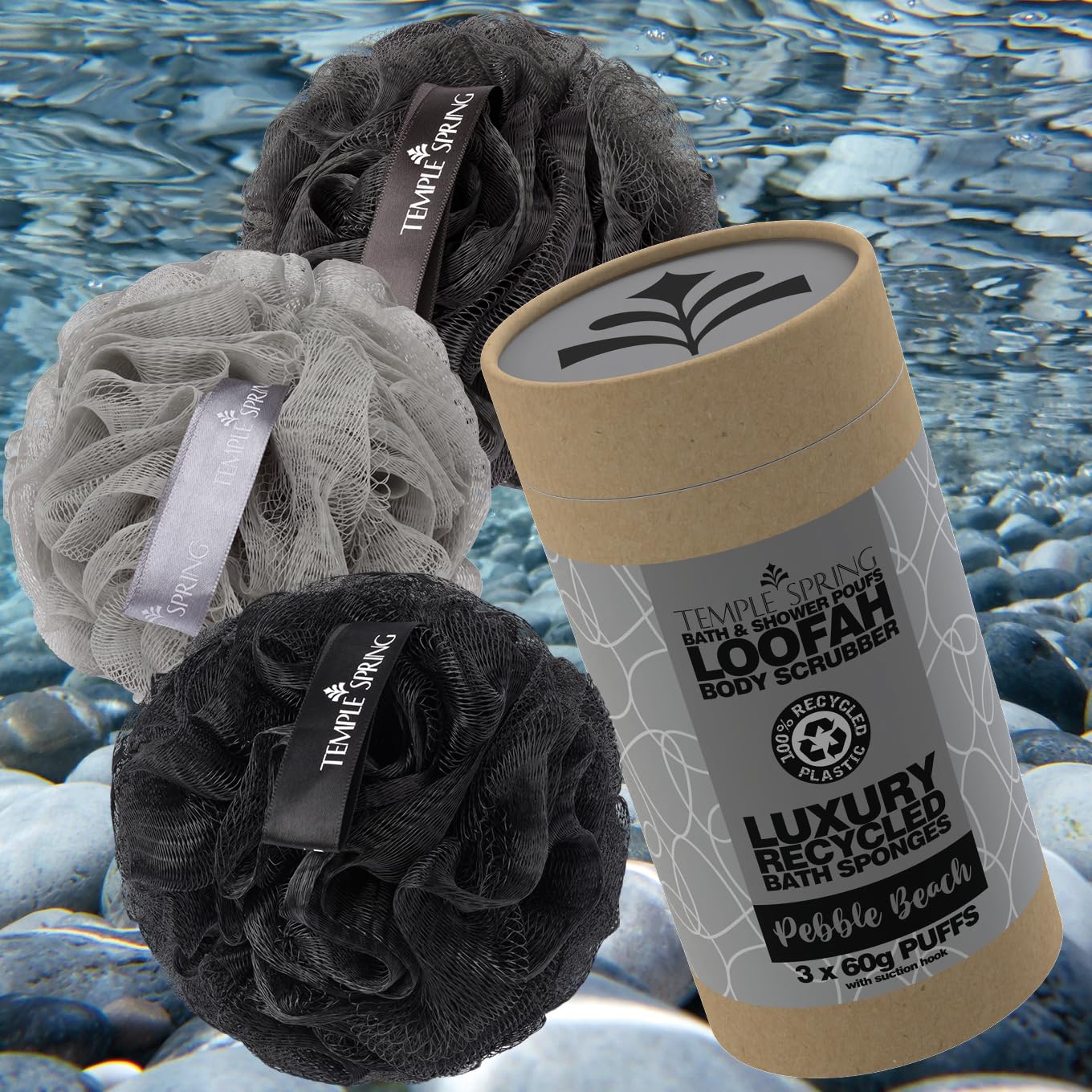 Temple Spring Loofah Shower Sponge, Recycled Body Scrubber Scrunchies, Exfoliating Bath Sponge, Shower Puff Bath Sponges for Adults, Loofah Back Scrubber Pouffe, Loofa Body Scrub Exfoliator - Grey