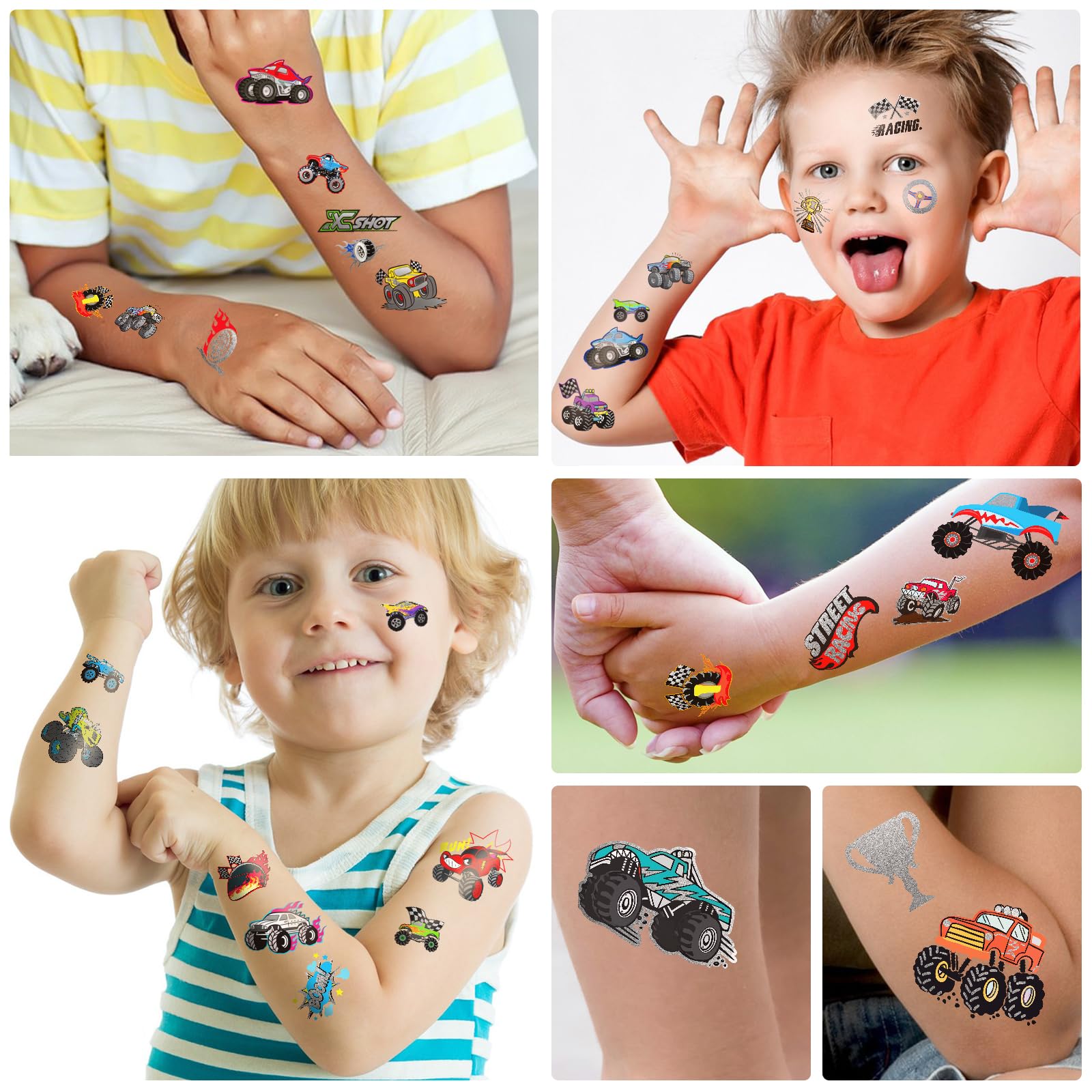 75 PCS Truck Temporary Tattoos for Kids, Groovy Metallic Styles Tattoos for Truck Wheels Birthday Party Supplies Racing Car Checkered Flag Trophy Flame Fake Tattoo Stickers for 5 6 7 8 Years Old Boys