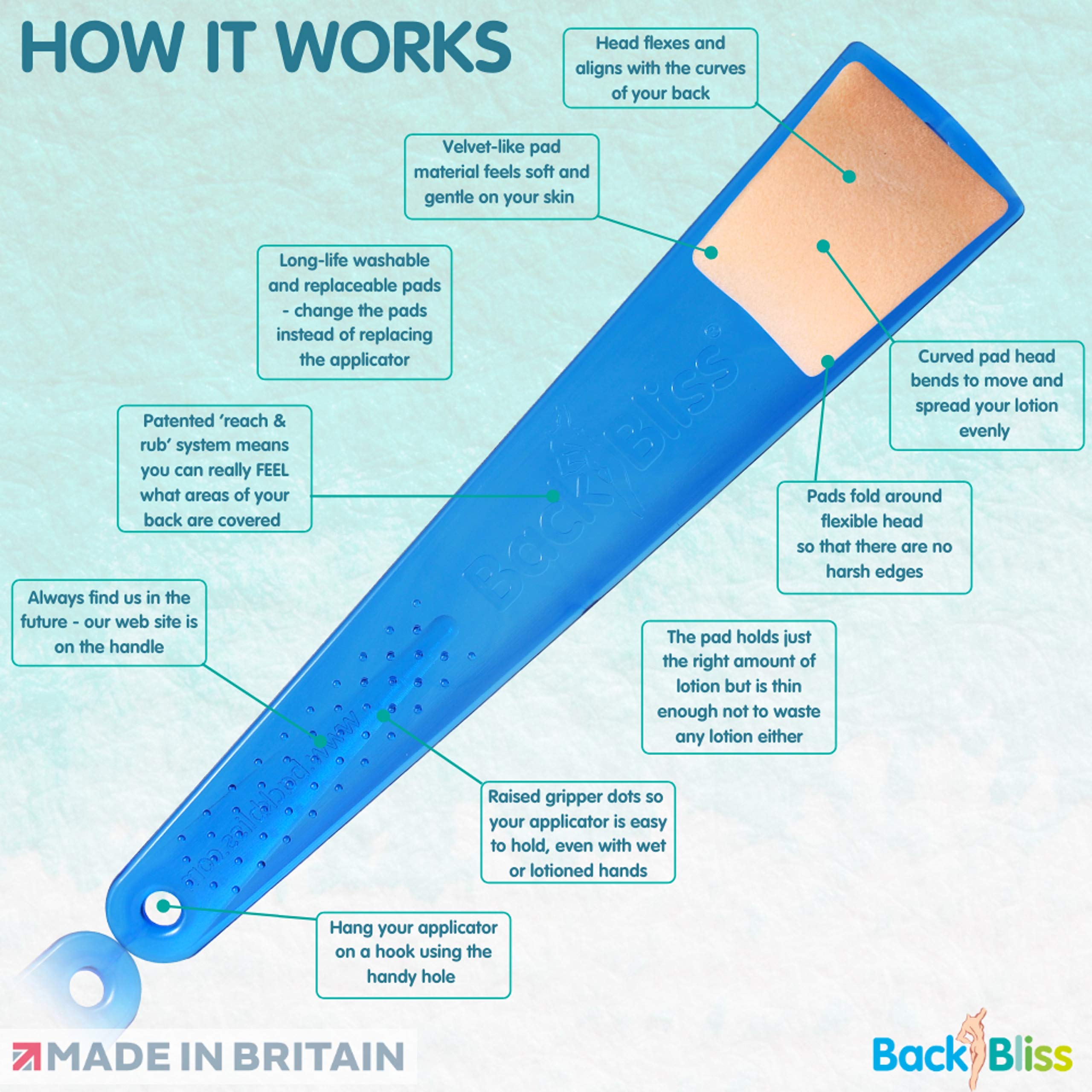 BackBliss Easy Reach Back Lotion Applicator for Men and Women - Made in Britain Blue